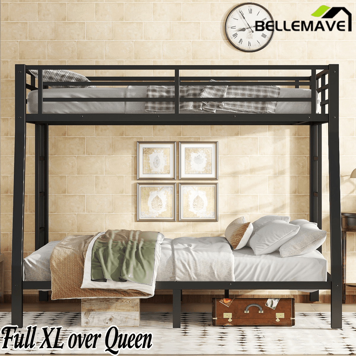 Bellemave® Full XL Over Queen Bunk Bed for Adults/Kids,Heavy Duty Adults Bunk Beds with Guardrail & Ladders,Black - Bellemave