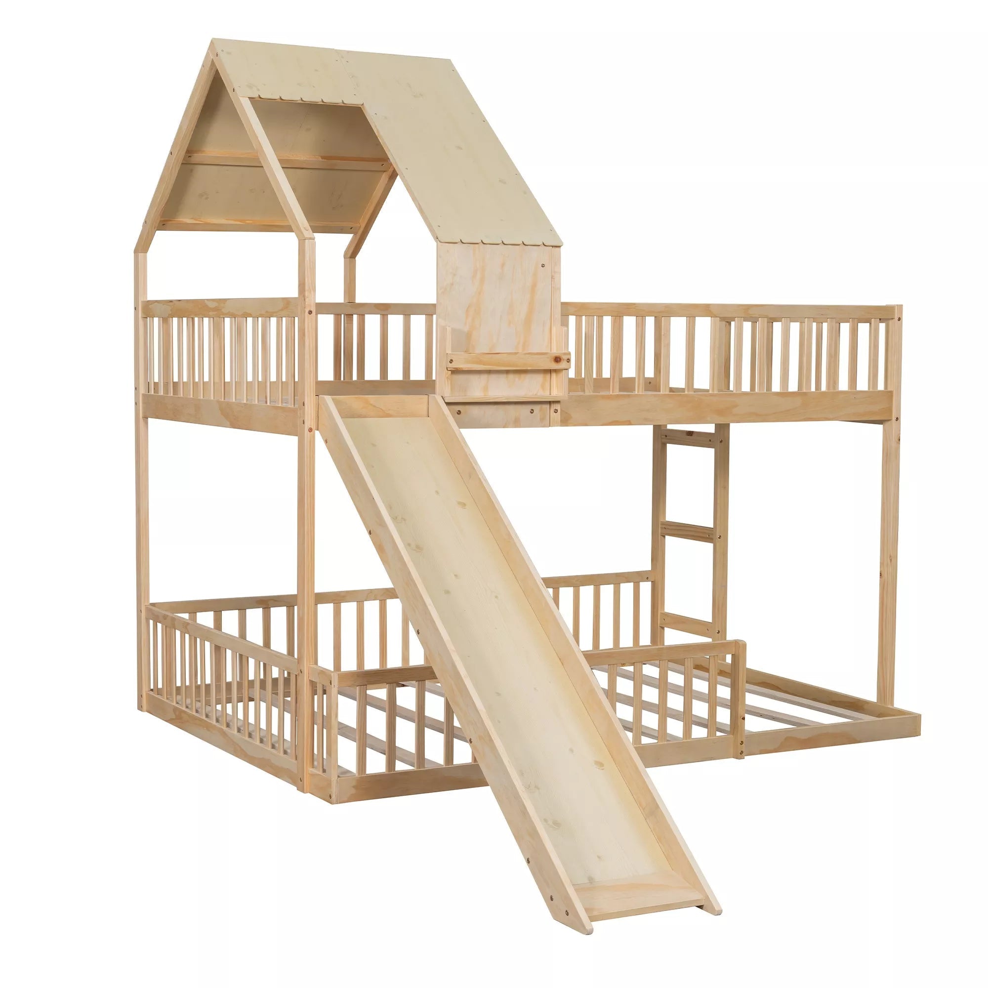 Bellemave® Full XL Over Queen House Bunk Bed with Slide, Solid Wood Kids Bunk Bed with Built-In Ladder - Bellemave