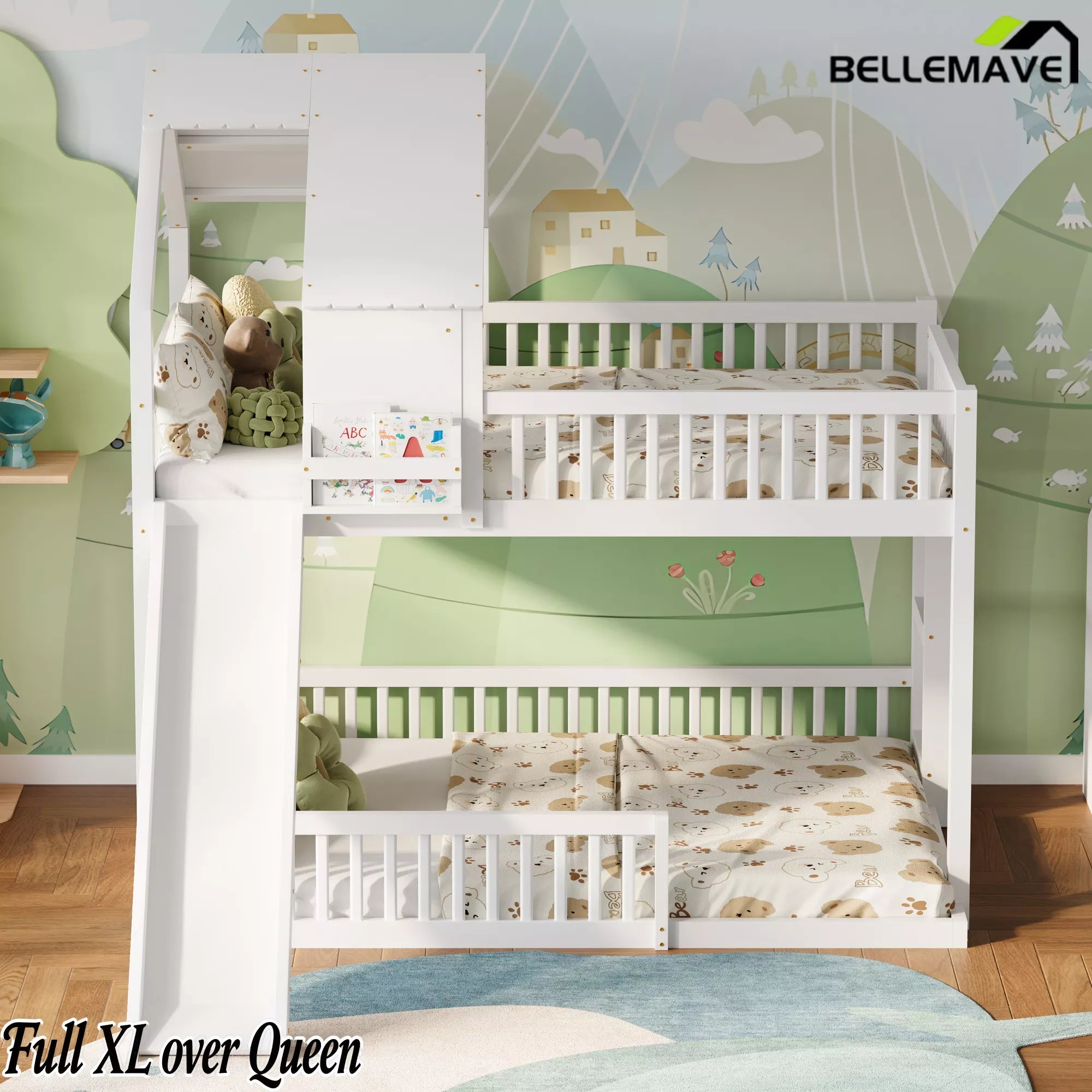 Bellemave® Full XL Over Queen House Bunk Bed with Slide, Solid Wood Kids Bunk Bed with Built-In Ladder - Bellemave