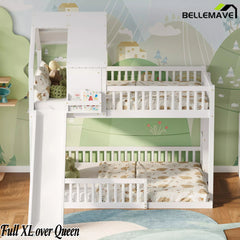 Bellemave® Full XL Over Queen House Bunk Bed with Slide, Solid Wood Kids Bunk Bed with Built-In Ladder - Bellemave
