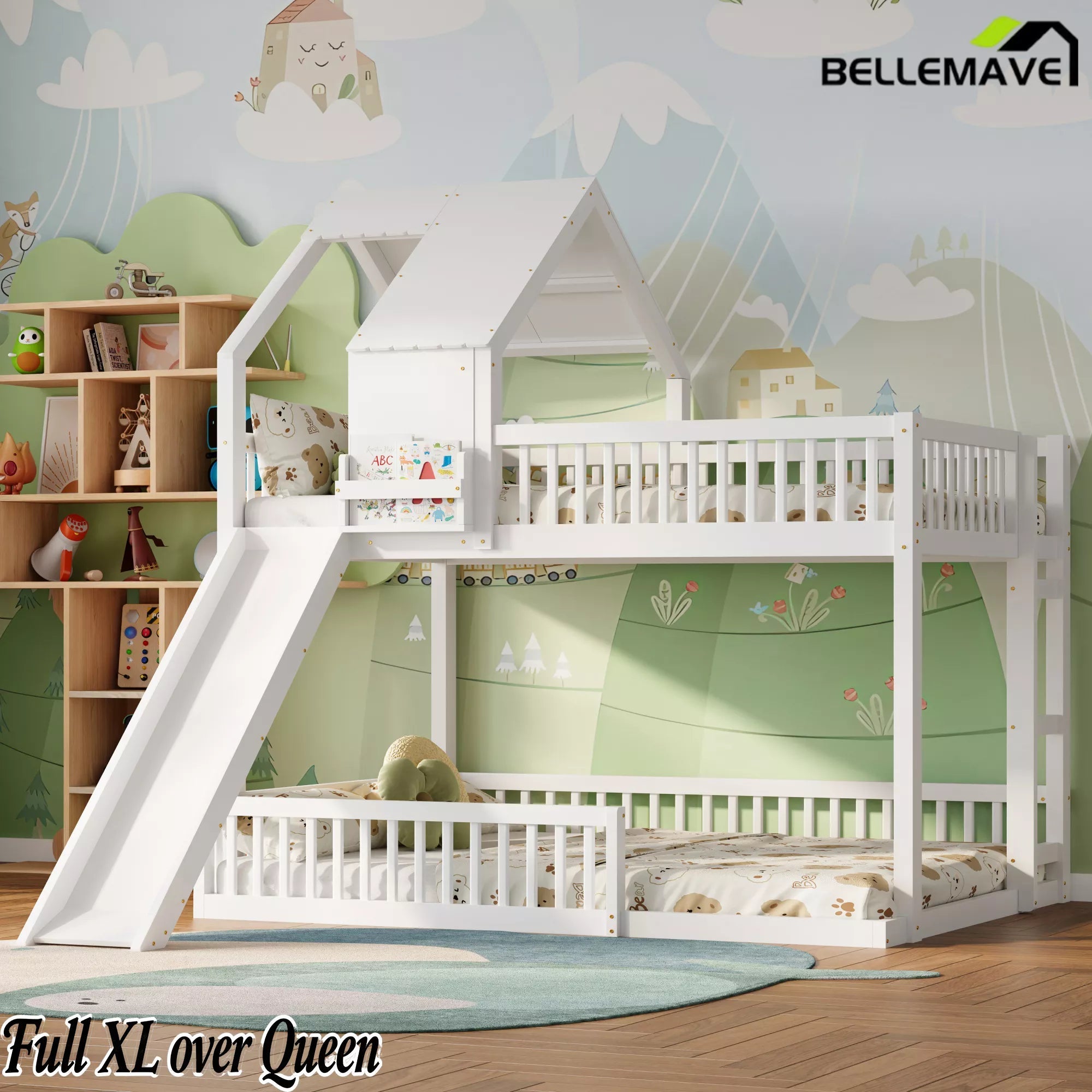 Bellemave® Full XL Over Queen House Bunk Bed with Slide, Solid Wood Kids Bunk Bed with Built-In Ladder - Bellemave