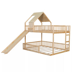 Bellemave® Full XL Over Queen House Bunk Bed with Slide, Solid Wood Kids Bunk Bed with Built-In Ladder - Bellemave