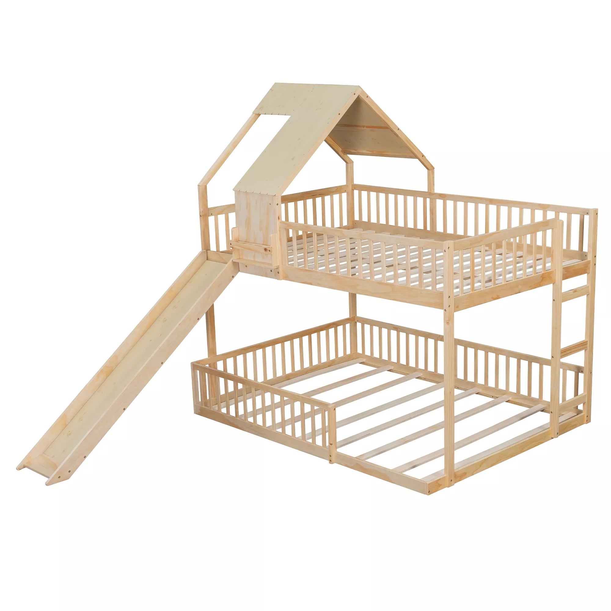 Bellemave® Full XL Over Queen House Bunk Bed with Slide, Solid Wood Kids Bunk Bed with Built-In Ladder - Bellemave