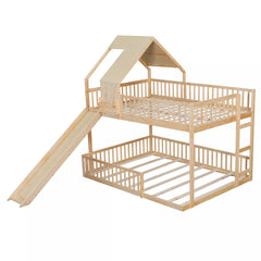 Bellemave® Full XL Over Queen House Bunk Bed with Slide, Solid Wood Kids Bunk Bed with Built-In Ladder - Bellemave