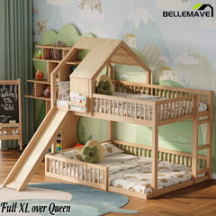 Bellemave® Full XL Over Queen House Bunk Bed with Slide, Solid Wood Kids Bunk Bed with Built-In Ladder - Bellemave