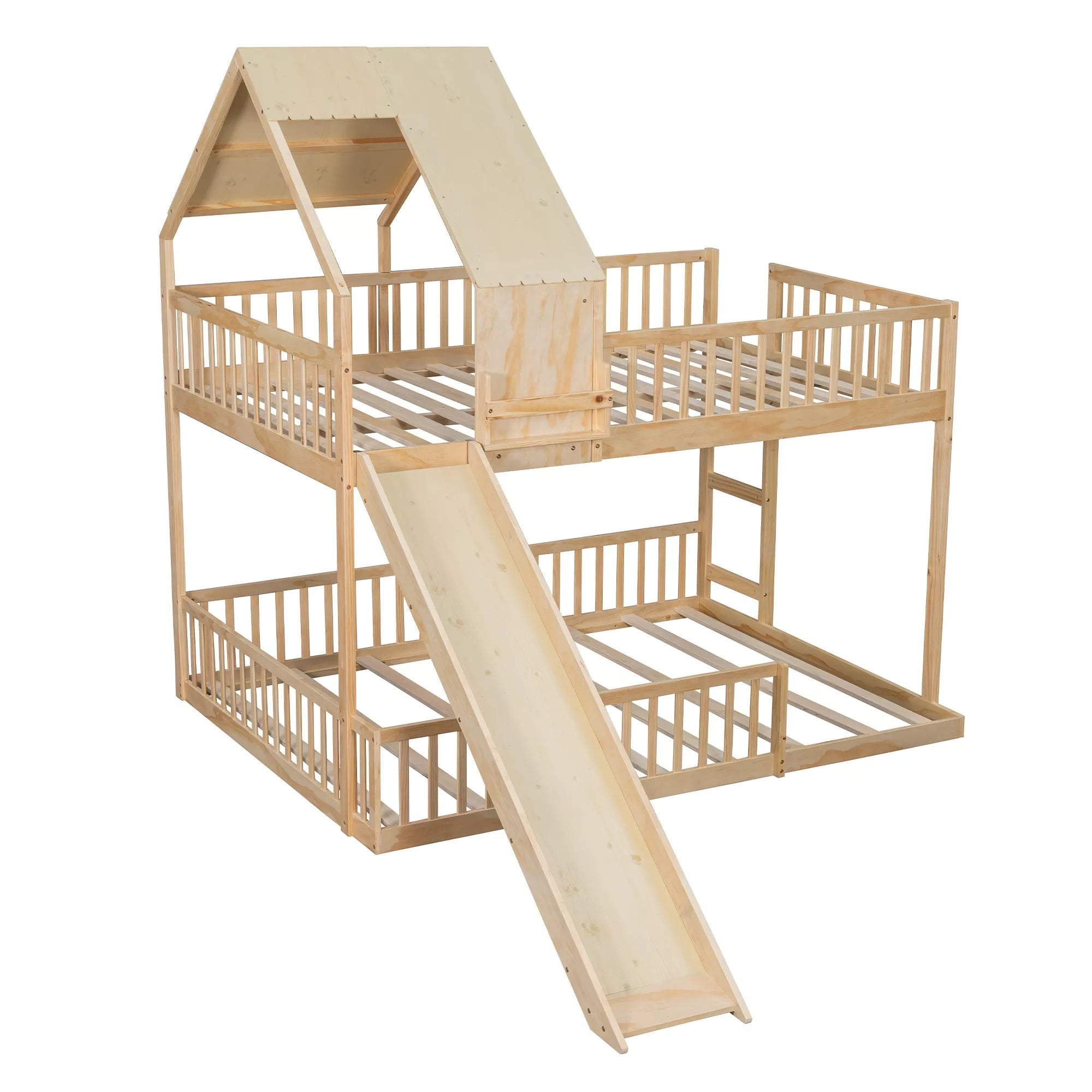 Bellemave® Full XL Over Queen House Bunk Bed with Slide, Solid Wood Kids Bunk Bed with Built-In Ladder - Bellemave