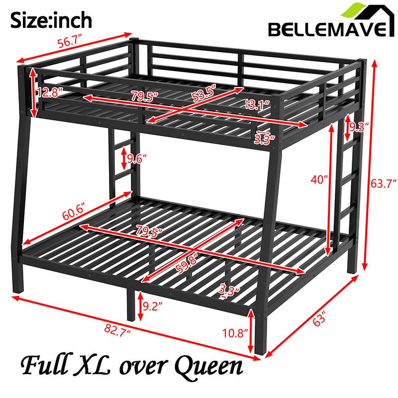 Bellemave® Full XL over Queen Metal Bunk Bed (Enhanced Slats) - Bellemave