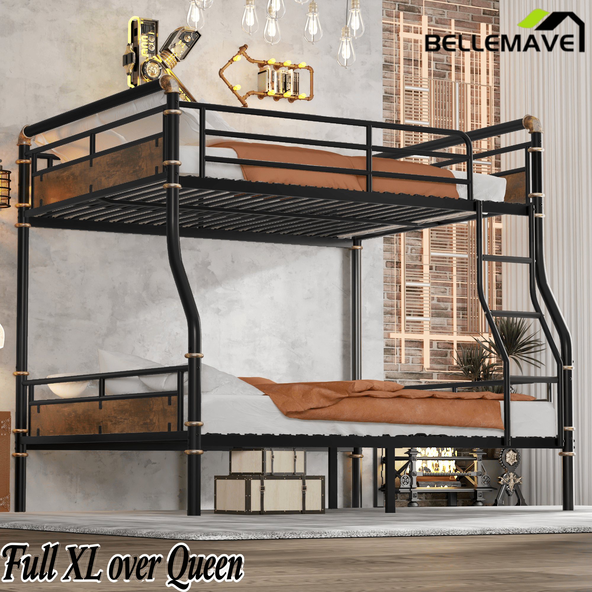 Bellemave® Full XL Over Queen Metal Bunk Bed, Industrial Detachable Bunkbeds with Safety Guard Rails for Teens, Black - Bellemave