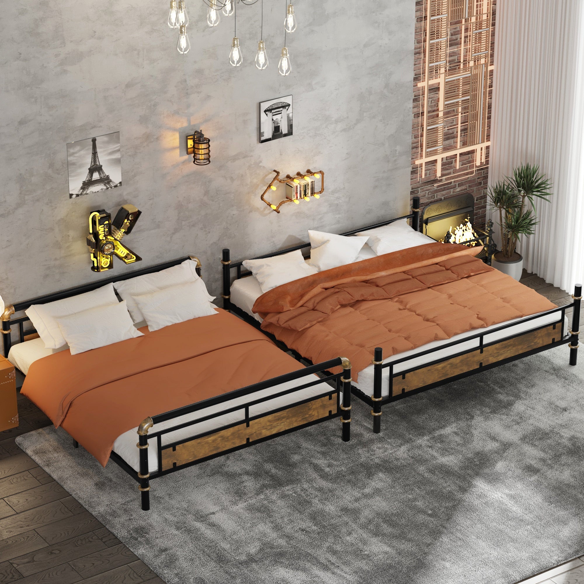 Bellemave® Full XL Over Queen Metal Bunk Bed, Industrial Detachable Bunkbeds with Safety Guard Rails for Teens, Black - Bellemave