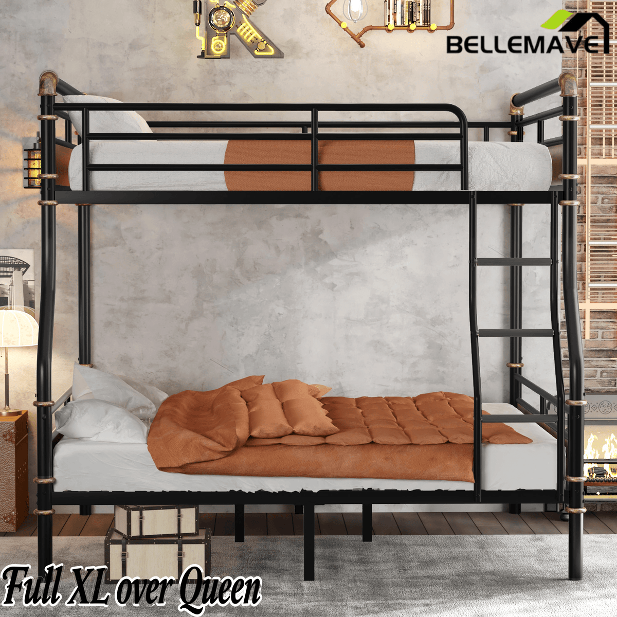 Bellemave® Full XL Over Queen Metal Bunk Bed, Industrial Detachable Bunkbeds with Safety Guard Rails for Teens, Black - Bellemave