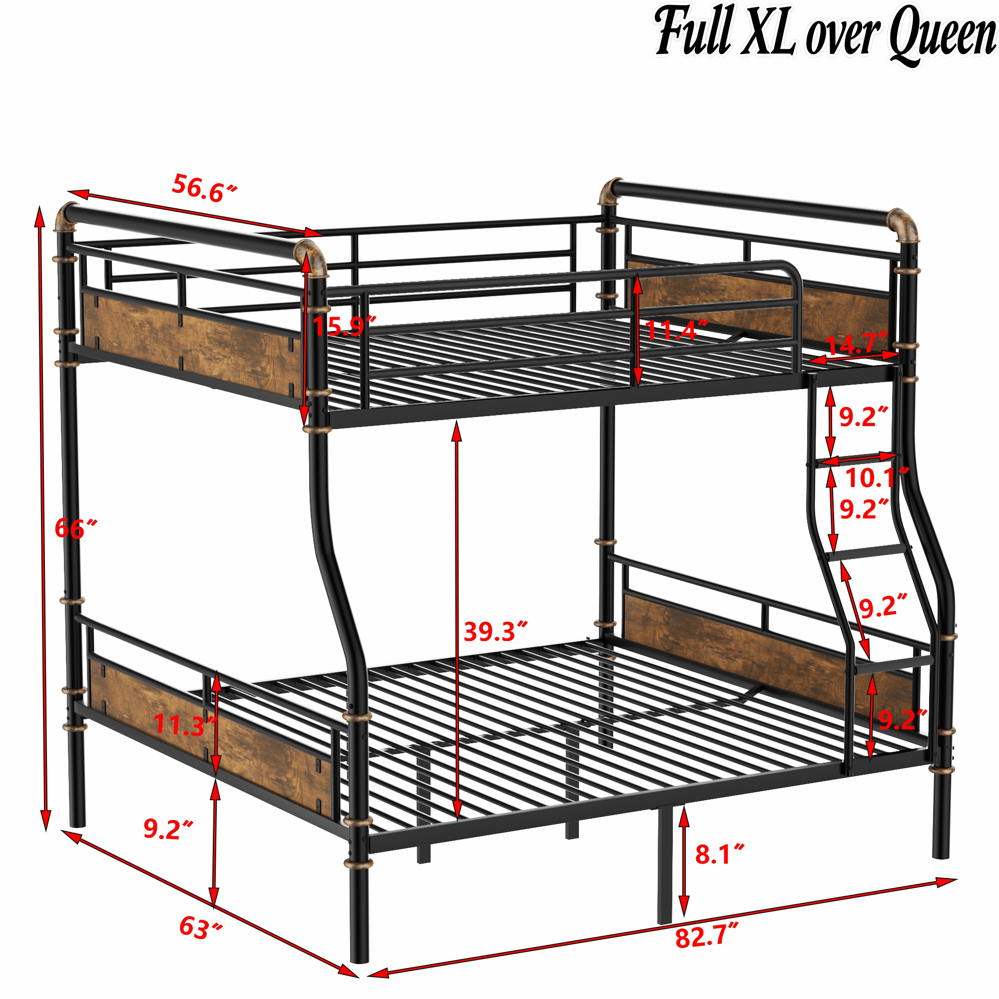 Bellemave® Full XL Over Queen Metal Bunk Bed, Industrial Detachable Bunkbeds with Safety Guard Rails for Teens, Black - Bellemave