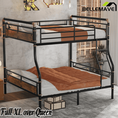 Bellemave® Full XL Over Queen Metal Bunk Bed, Industrial Detachable Bunkbeds with Safety Guard Rails for Teens, Black - Bellemave