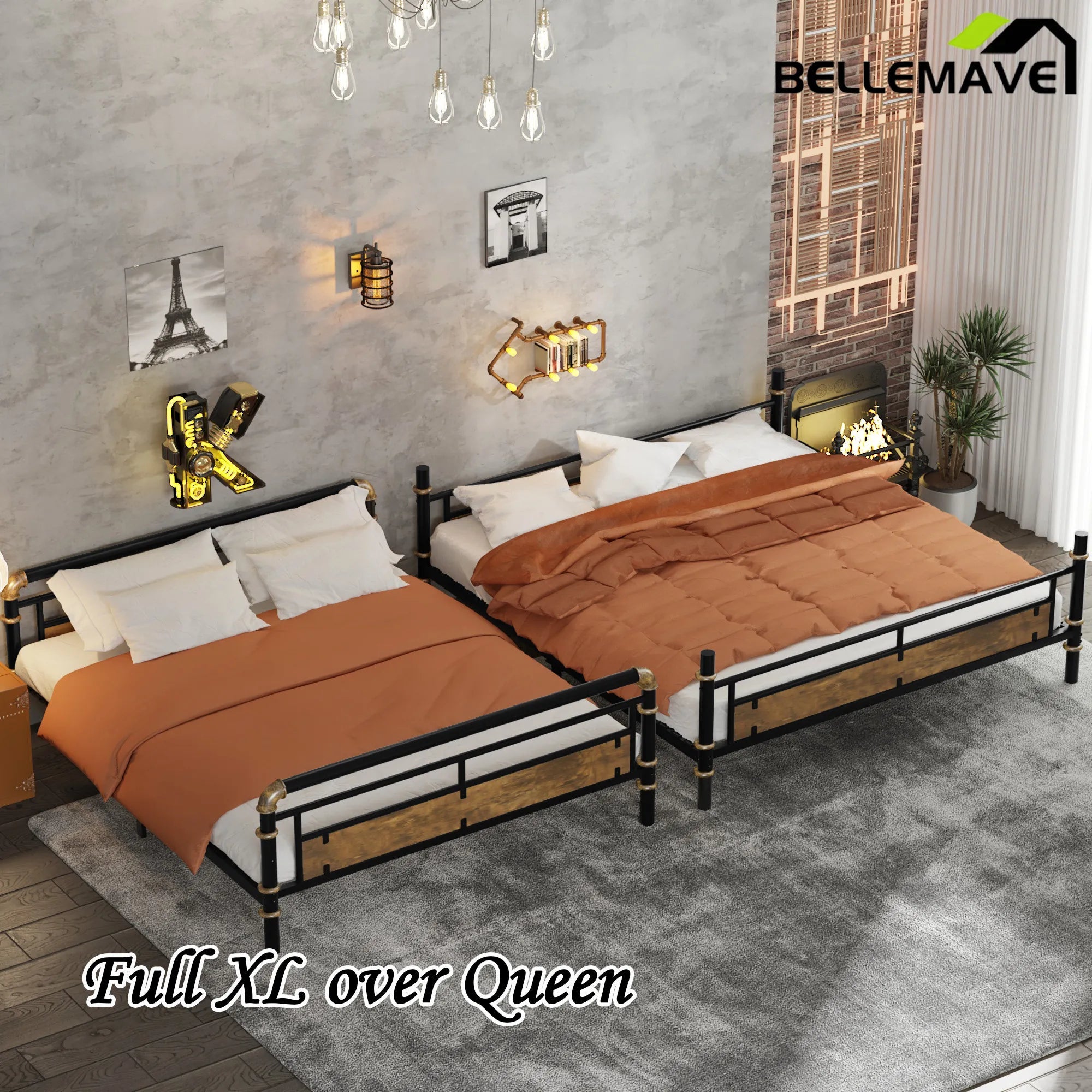 Bellemave® Full XL over Queen Metal Bunk Bed with Safety Guard Rails(Convertible) - Bellemave