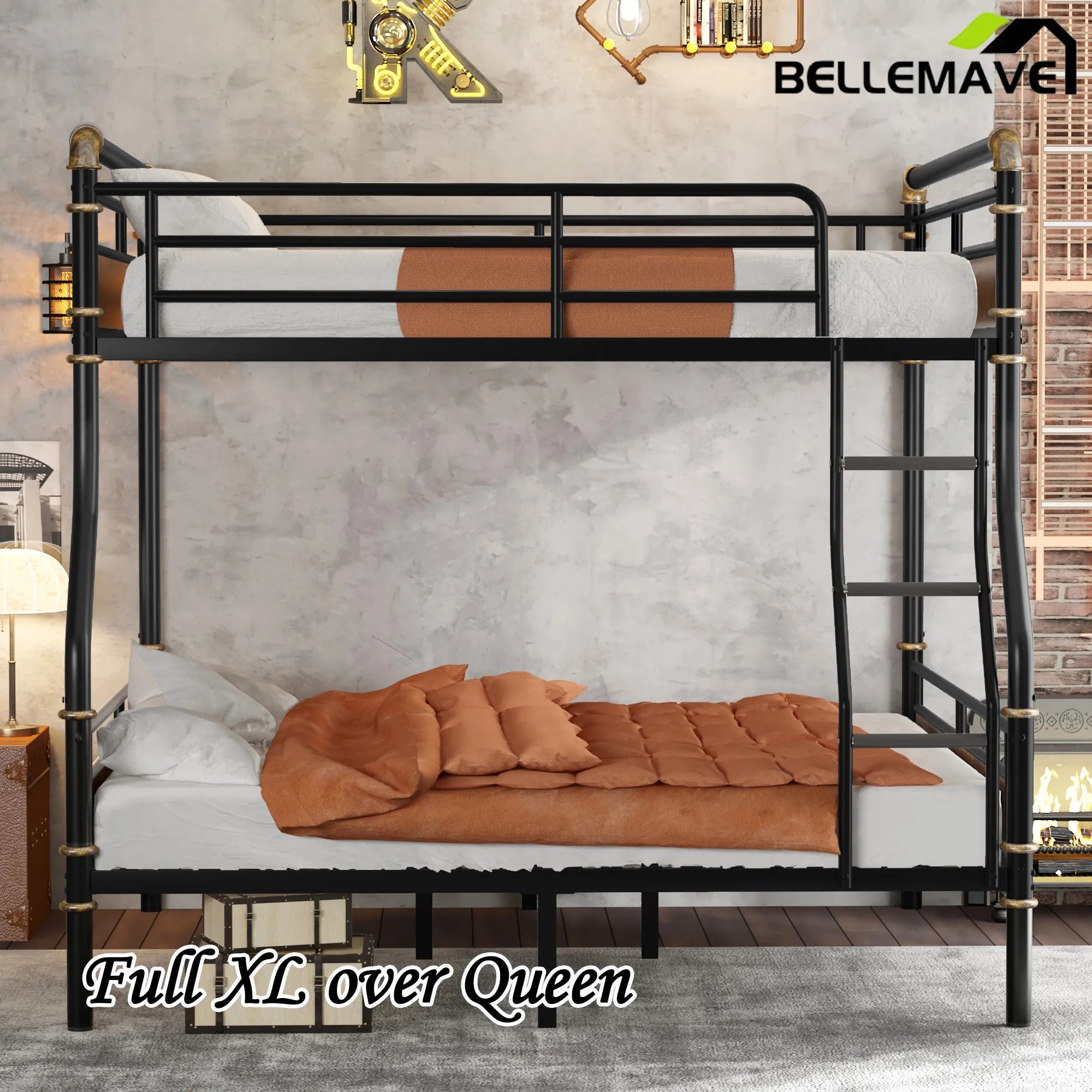 Bellemave® Full XL over Queen Metal Bunk Bed with Safety Guard Rails(Convertible) - Bellemave