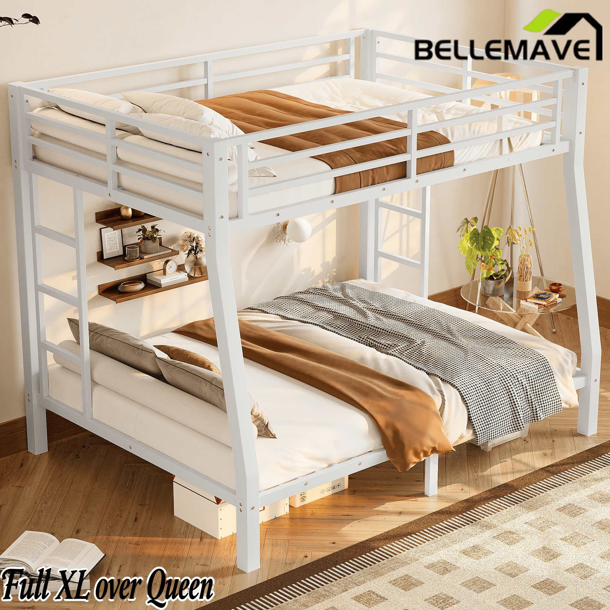 Bellemave® Full XL over Queen Metal Bunk Beds with Guardrails, Ladders & Under - bed Storage, White - Bellemave