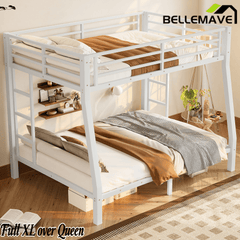 Bellemave® Full XL over Queen Metal Bunk Beds with Guardrails, Ladders & Under - bed Storage, White - Bellemave