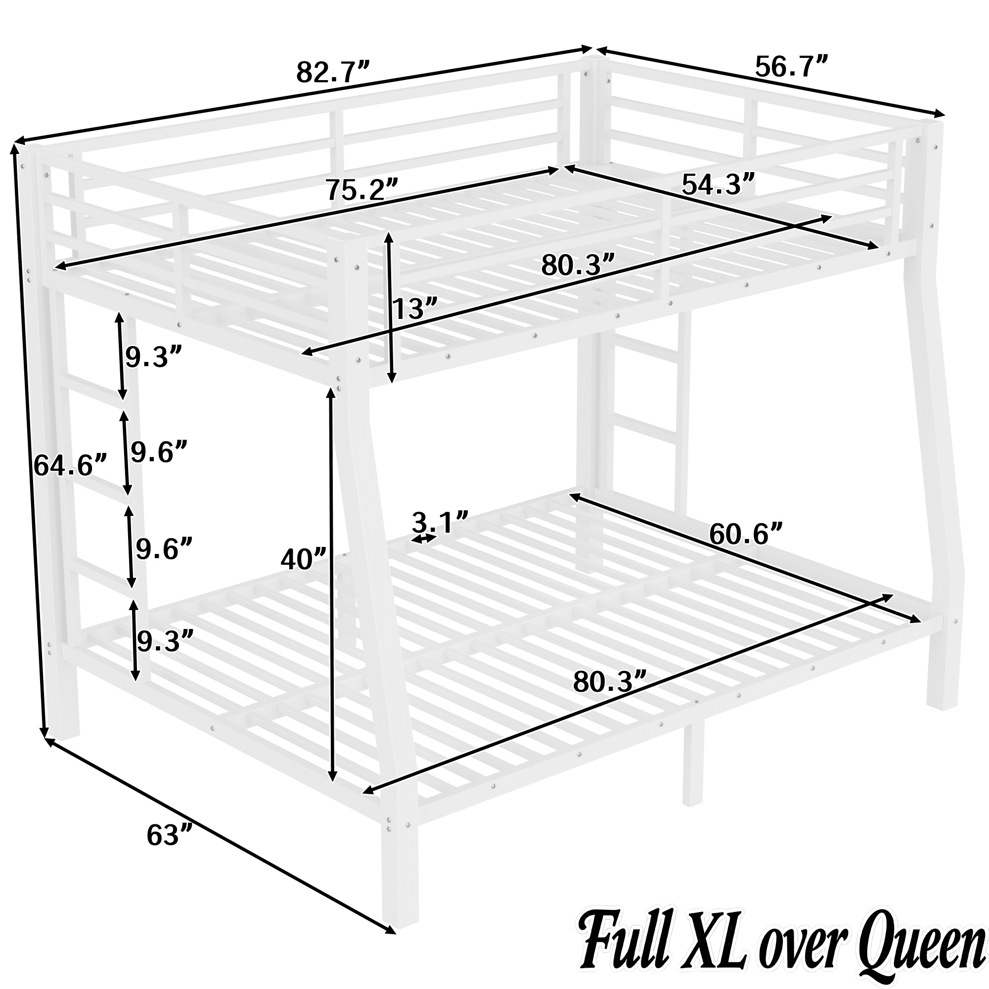 Bellemave® Full XL over Queen Metal Bunk Beds with Guardrails, Ladders & Under - bed Storage, White - Bellemave