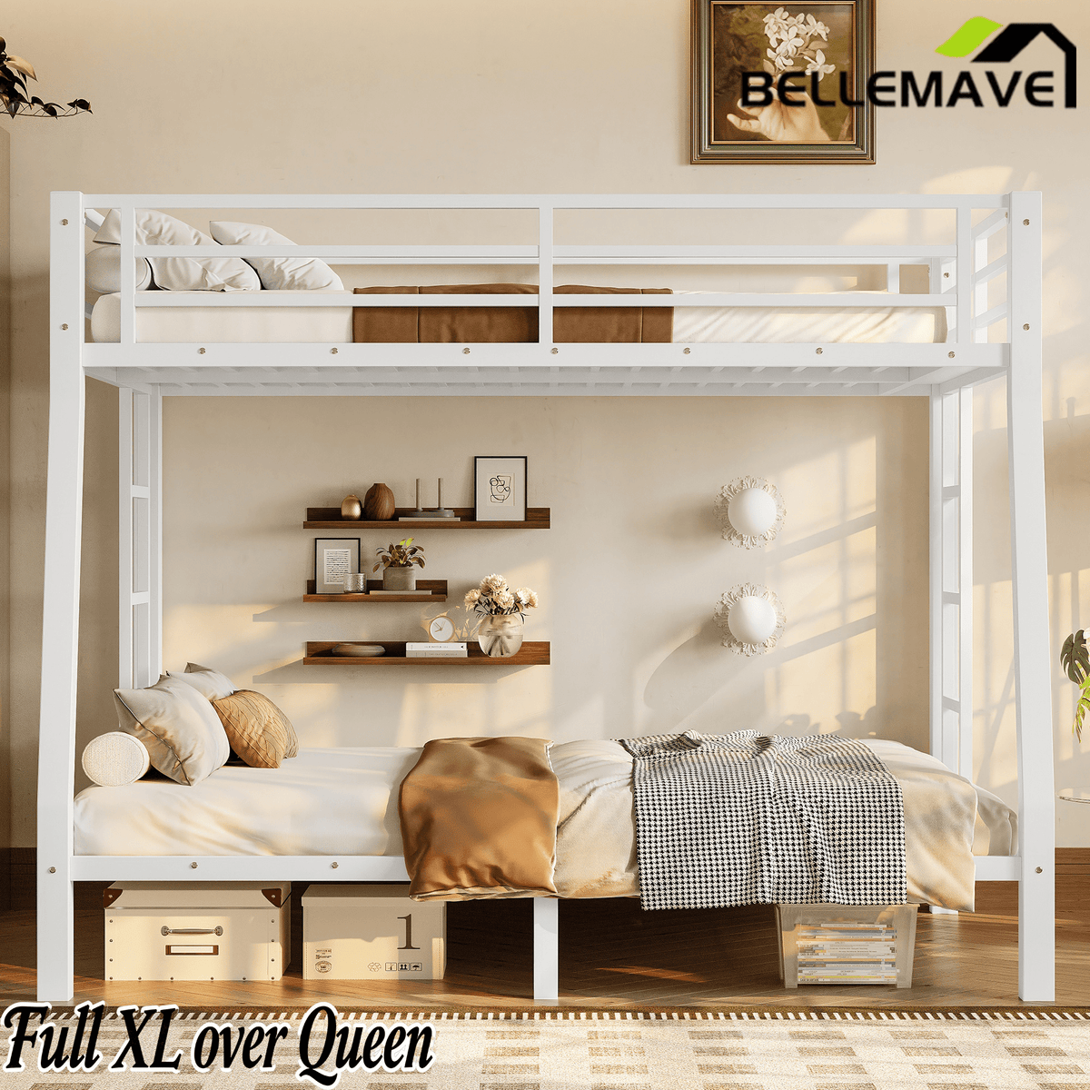Bellemave® Full XL over Queen Metal Bunk Beds with Guardrails, Ladders & Under - bed Storage, White - Bellemave