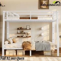 Bellemave® Full XL over Queen Metal Bunk Beds with Guardrails, Ladders & Under - bed Storage, White - Bellemave