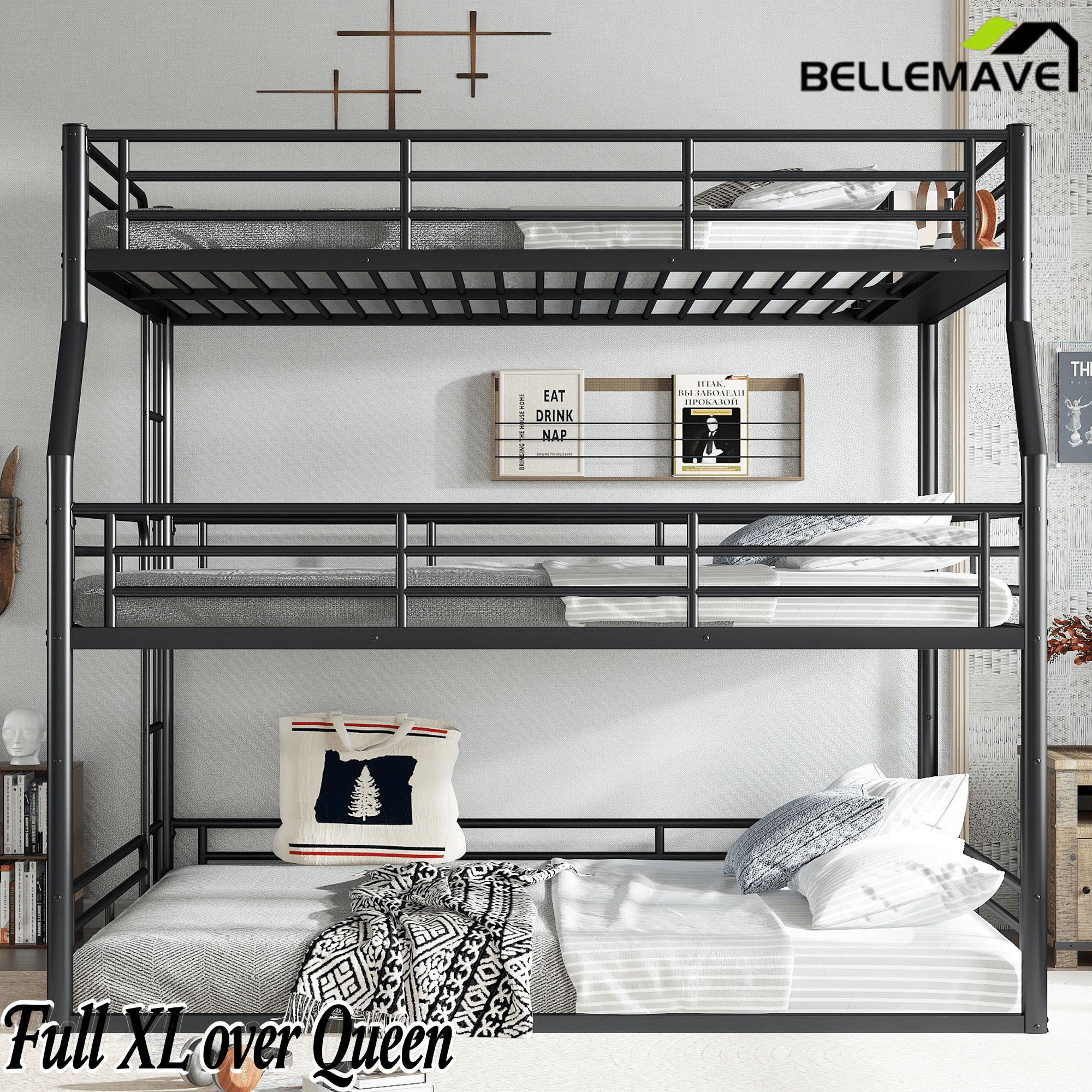 Bellemave® Full XL over Queen over Queen Size Triple Bunk Bed with Storage Board - Bellemave