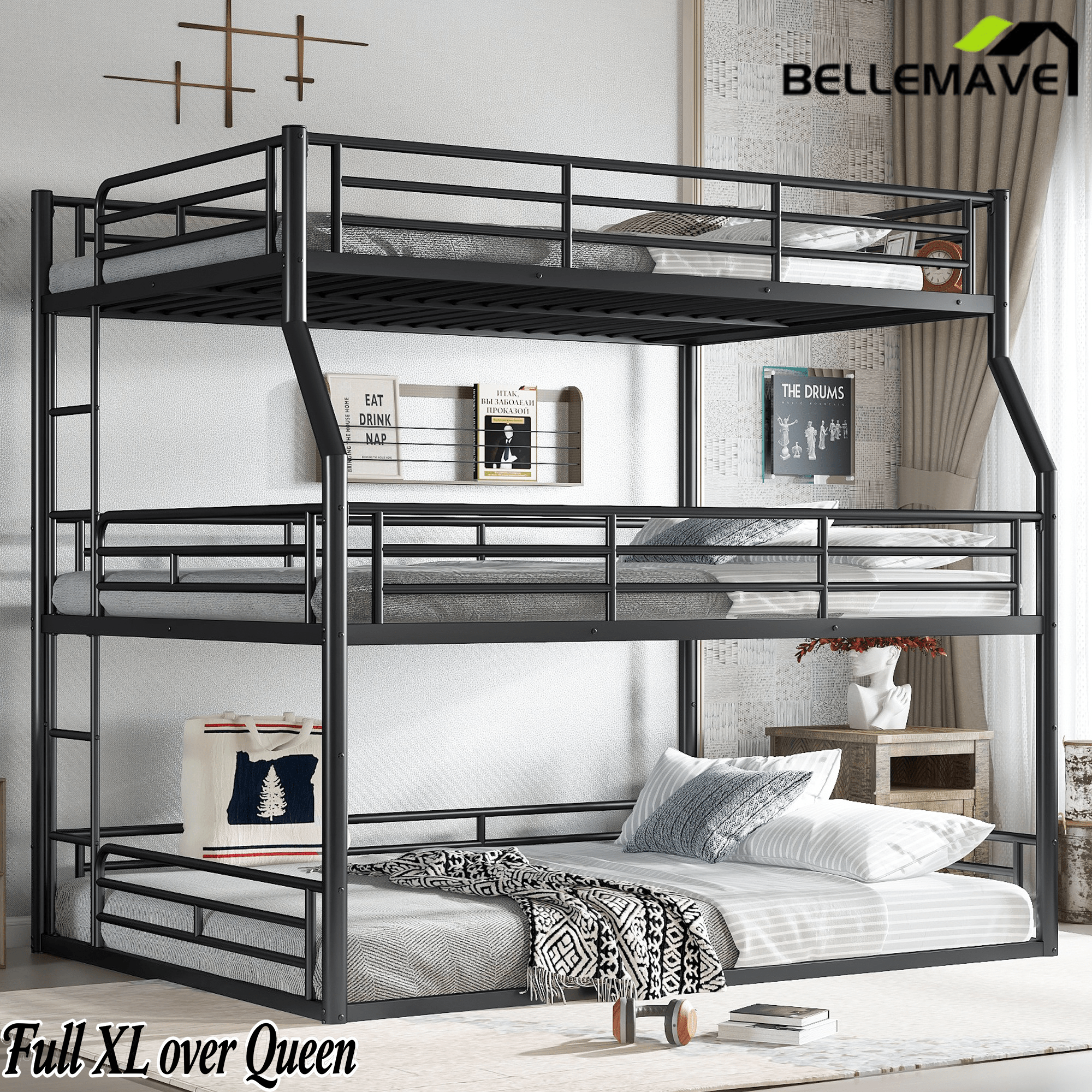 Bellemave® Full XL over Queen over Queen Size Triple Bunk Bed with Storage Board - Bellemave