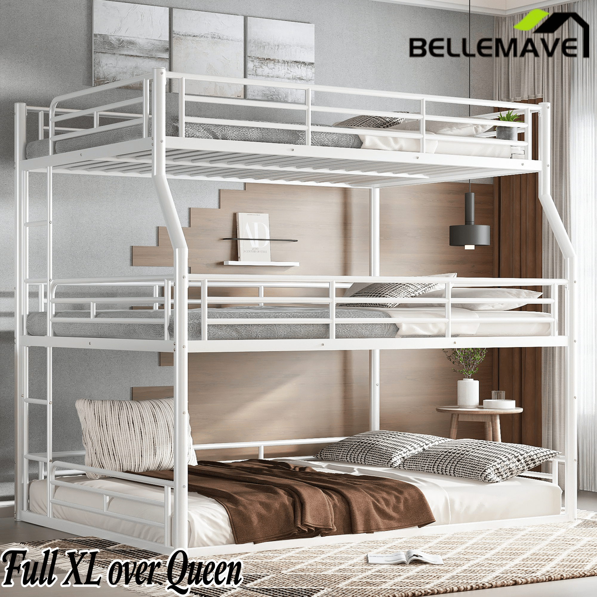 Bellemave® Full XL over Queen over Queen Size Triple Bunk Bed with Storage Board - Bellemave