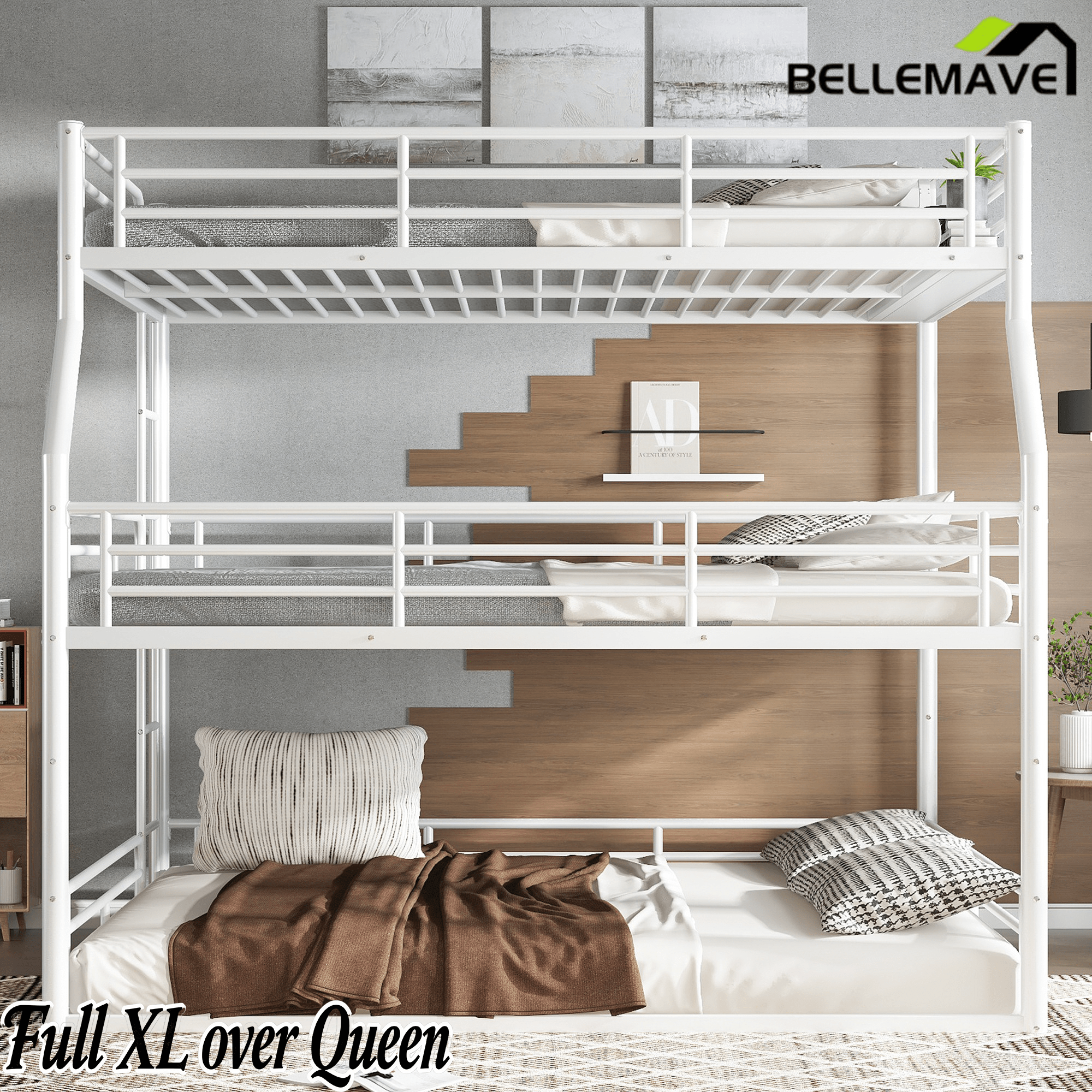 Bellemave® Full XL over Queen over Queen Size Triple Bunk Bed with Storage Board - Bellemave