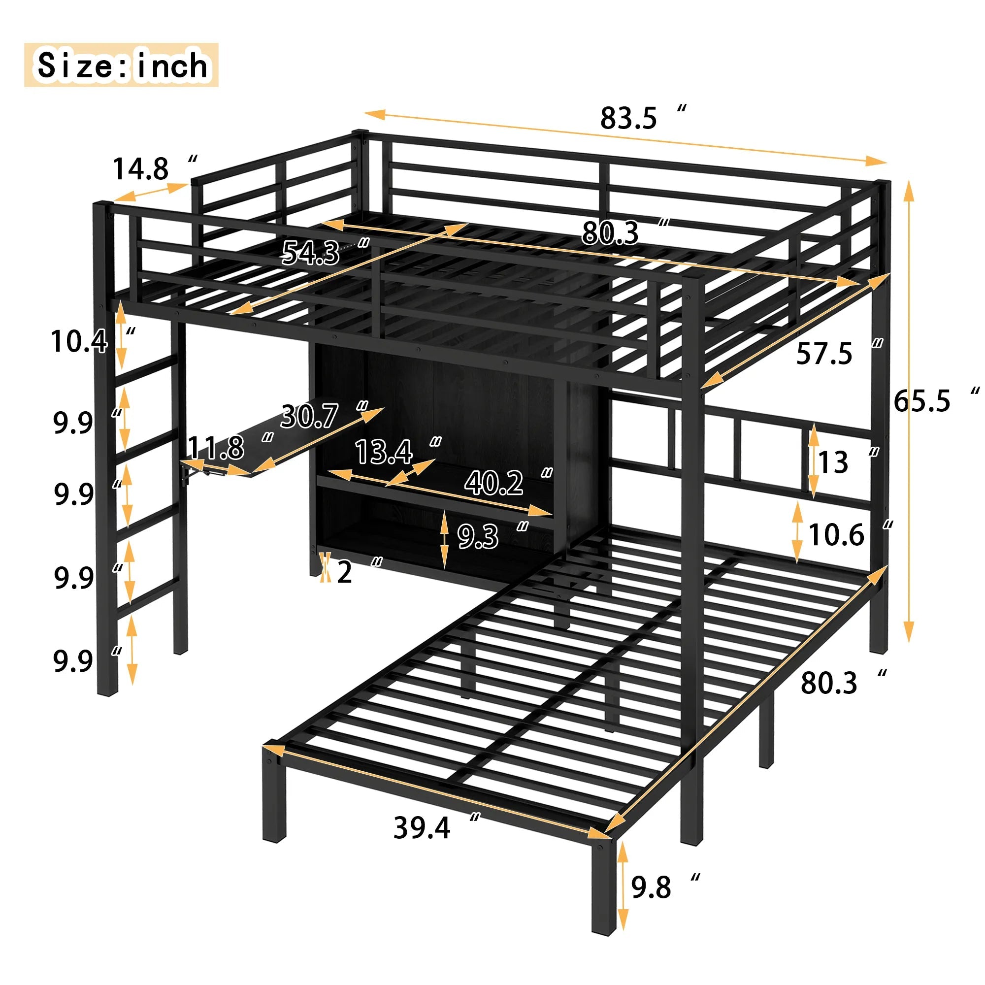 Bellemave® Full XL Over Twin Metal Bunk Bed with Folding Desk and Closet with LED - Bellemave
