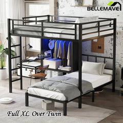 Bellemave® Full XL Over Twin Metal Bunk Bed with Folding Desk and Closet with LED - Bellemave