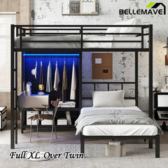 Bellemave® Full XL Over Twin Metal Bunk Bed with Folding Desk and Closet with LED - Bellemave