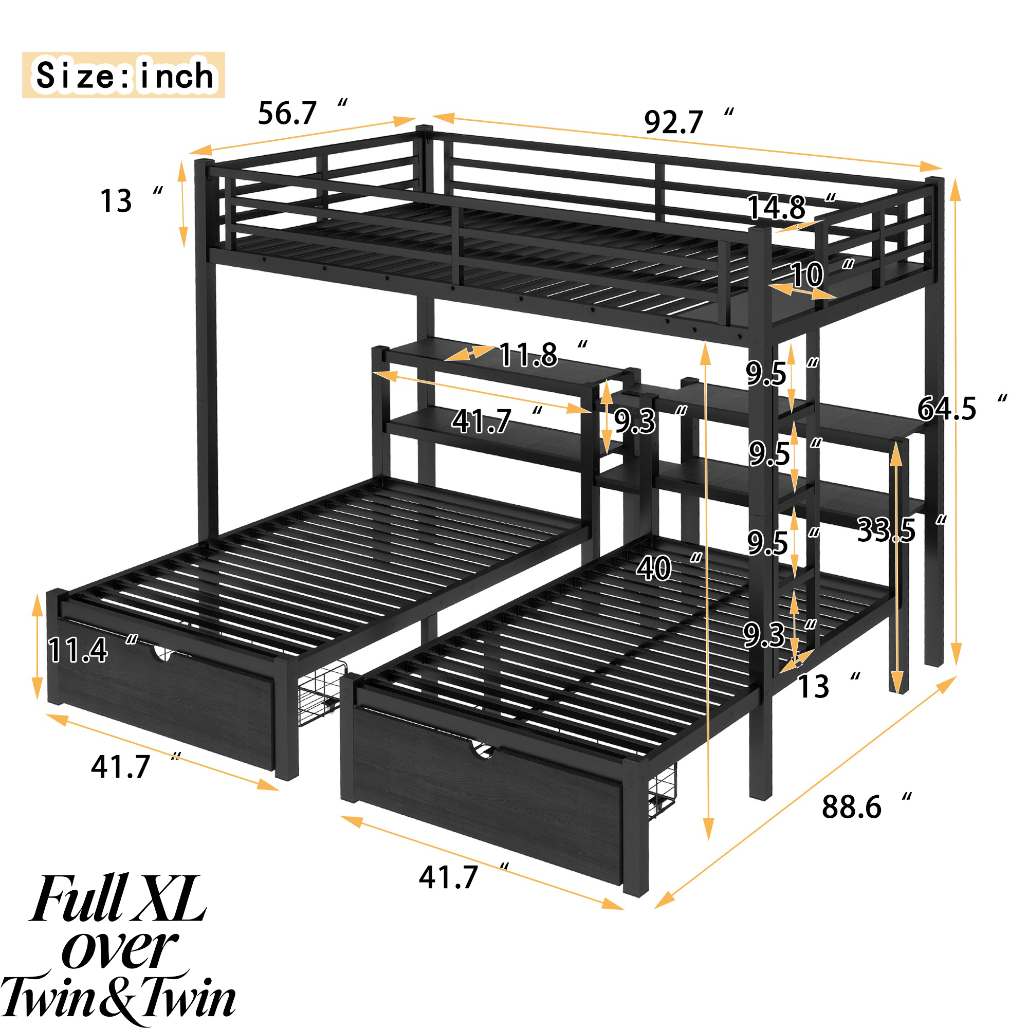 Bellemave® Full XL Over Twin Over Twin Triple Bunk Bed with Storage Drawers, Shelves, Heavy Duty Triple Bed with Charging Station, Safety Guardrails 3 People, Black - Bellemave