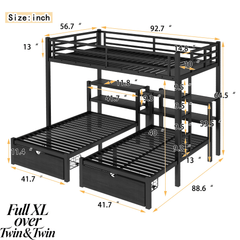 Bellemave® Full XL Over Twin Over Twin Triple Bunk Bed with Storage Drawers, Shelves, Heavy Duty Triple Bed with Charging Station, Safety Guardrails 3 People, Black - Bellemave