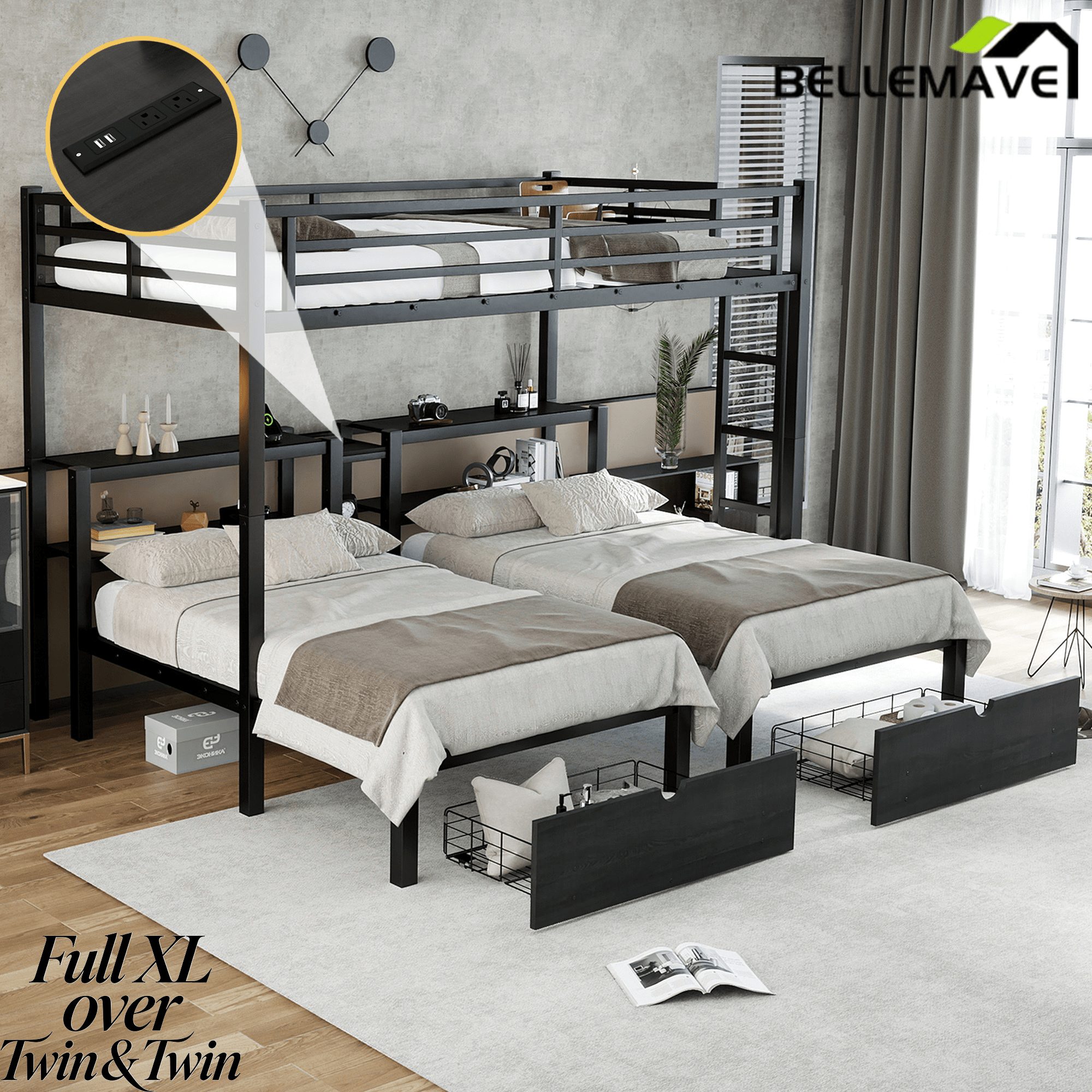 Bellemave® Full XL Over Twin Over Twin Triple Bunk Bed with Storage Drawers, Shelves, Heavy Duty Triple Bed with Charging Station, Safety Guardrails 3 People, Black - Bellemave