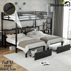 Bellemave® Full XL Over Twin Over Twin Triple Bunk Bed with Storage Drawers, Shelves, Heavy Duty Triple Bed with Charging Station, Safety Guardrails 3 People, Black - Bellemave