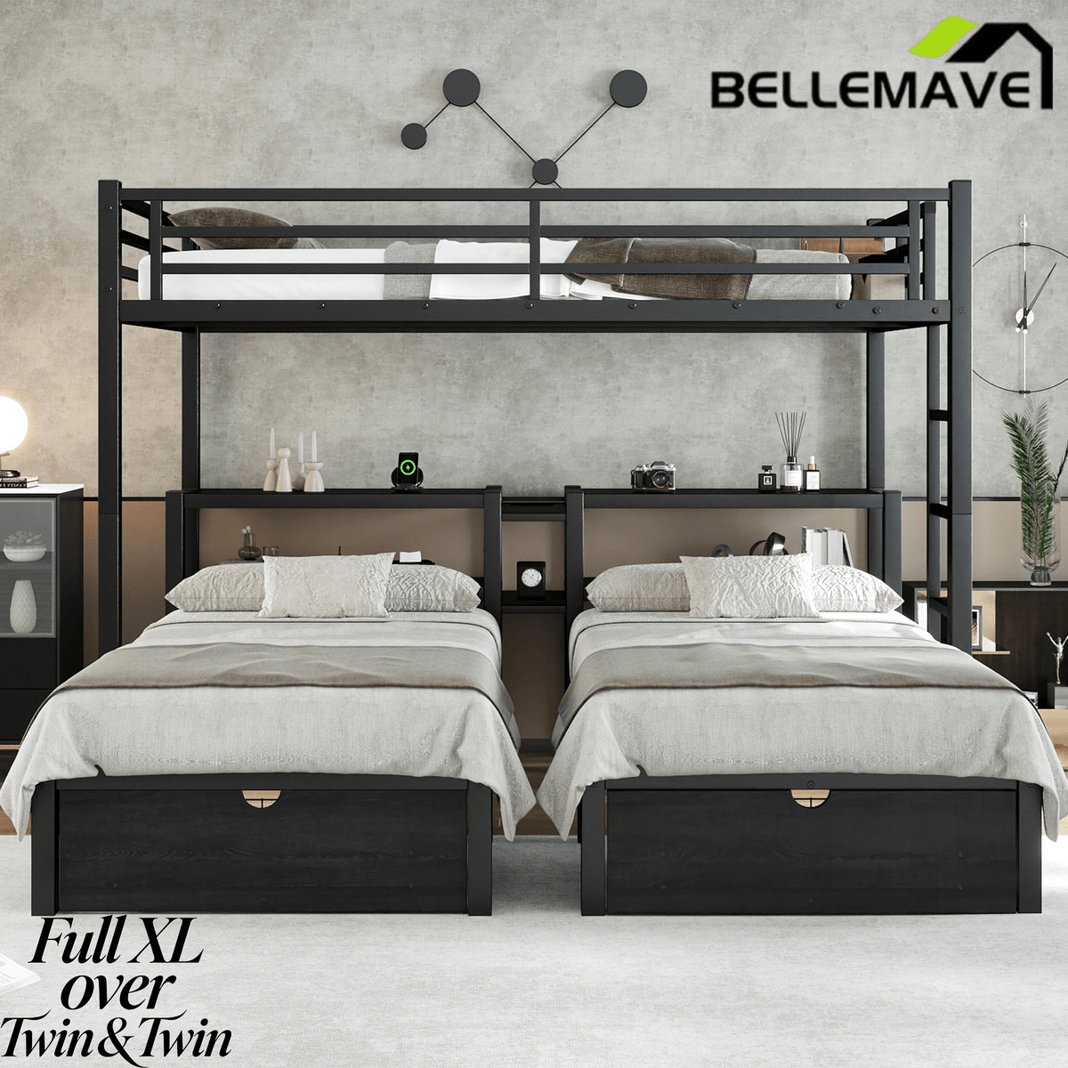Bellemave® Full XL Over Twin Over Twin Triple Bunk Bed with Storage Drawers, Shelves, Heavy Duty Triple Bed with Charging Station, Safety Guardrails 3 People, Black - Bellemave