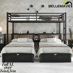 Bellemave® Full XL Over Twin Over Twin Triple Bunk Bed with Storage Drawers, Shelves, Heavy Duty Triple Bed with Charging Station, Safety Guardrails 3 People, Black - Bellemave