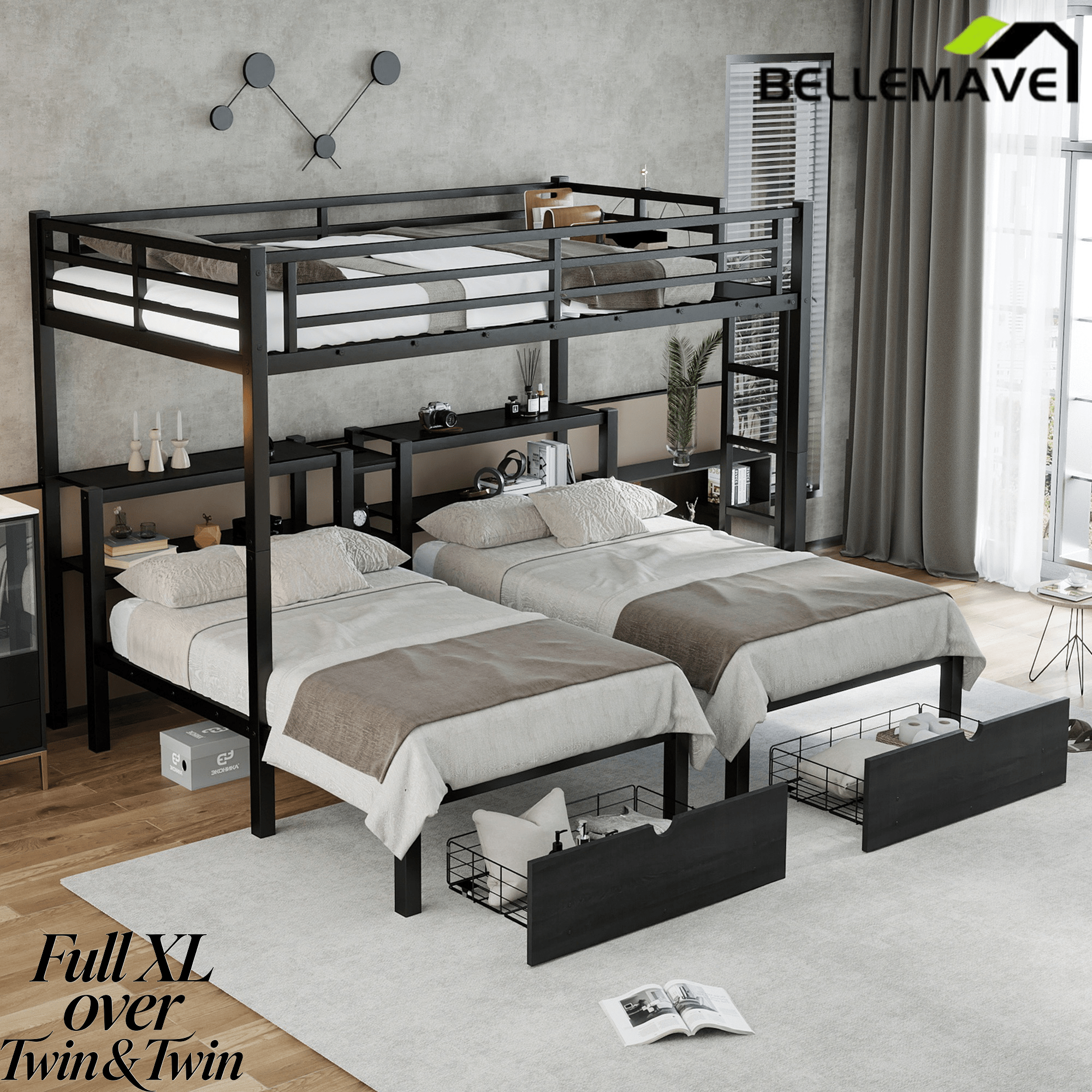 Bellemave® Full XL Over Twin Over Twin Triple Bunk Bed with Storage Drawers, Shelves, Heavy Duty Triple Bed with Charging Station, Safety Guardrails 3 People, Black - Bellemave