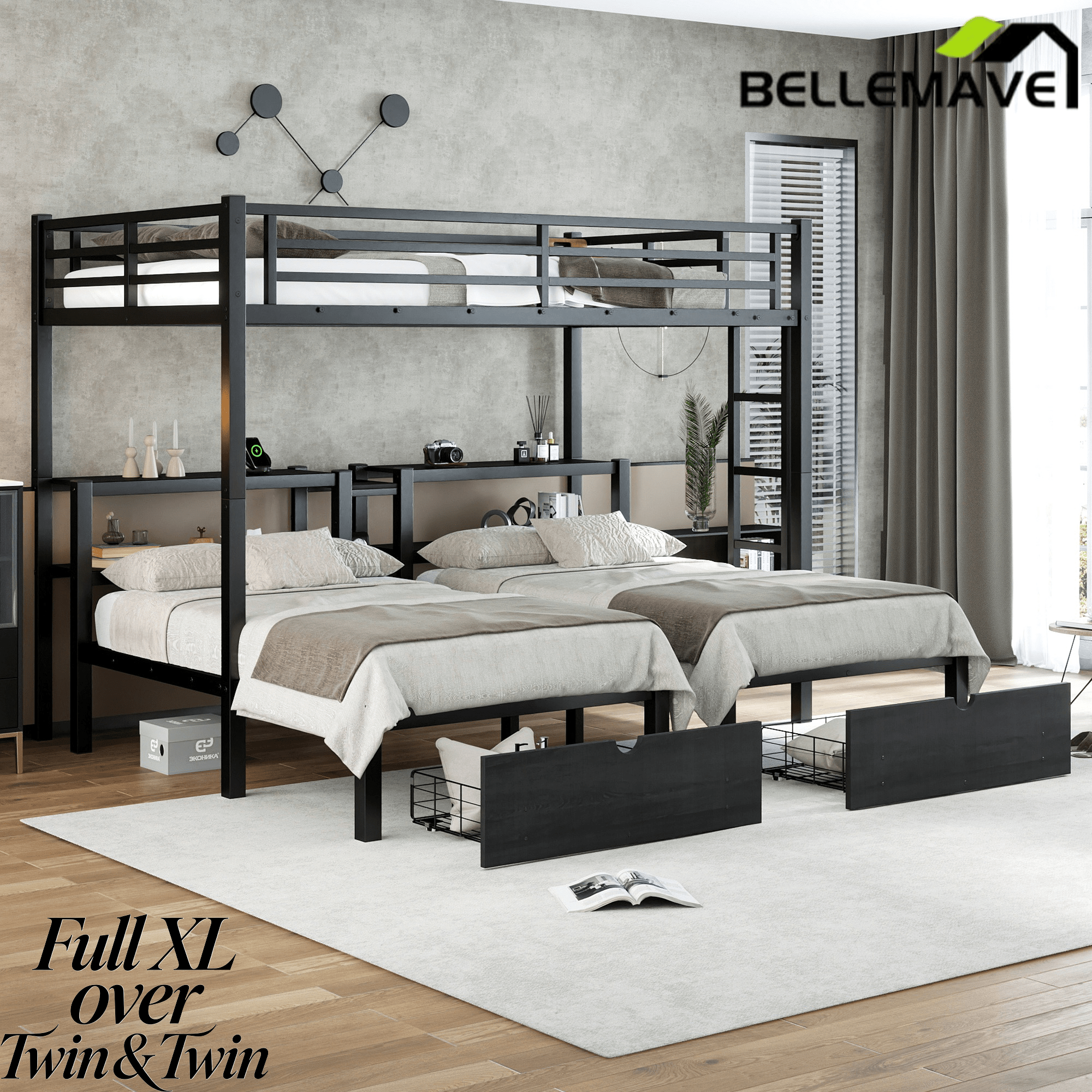 Bellemave® Full XL Over Twin Over Twin Triple Bunk Bed with Storage Drawers, Shelves, Heavy Duty Triple Bed with Charging Station, Safety Guardrails 3 People, Black - Bellemave