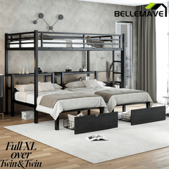 Bellemave® Full XL Over Twin Over Twin Triple Bunk Bed with Storage Drawers, Shelves, Heavy Duty Triple Bed with Charging Station, Safety Guardrails 3 People, Black - Bellemave