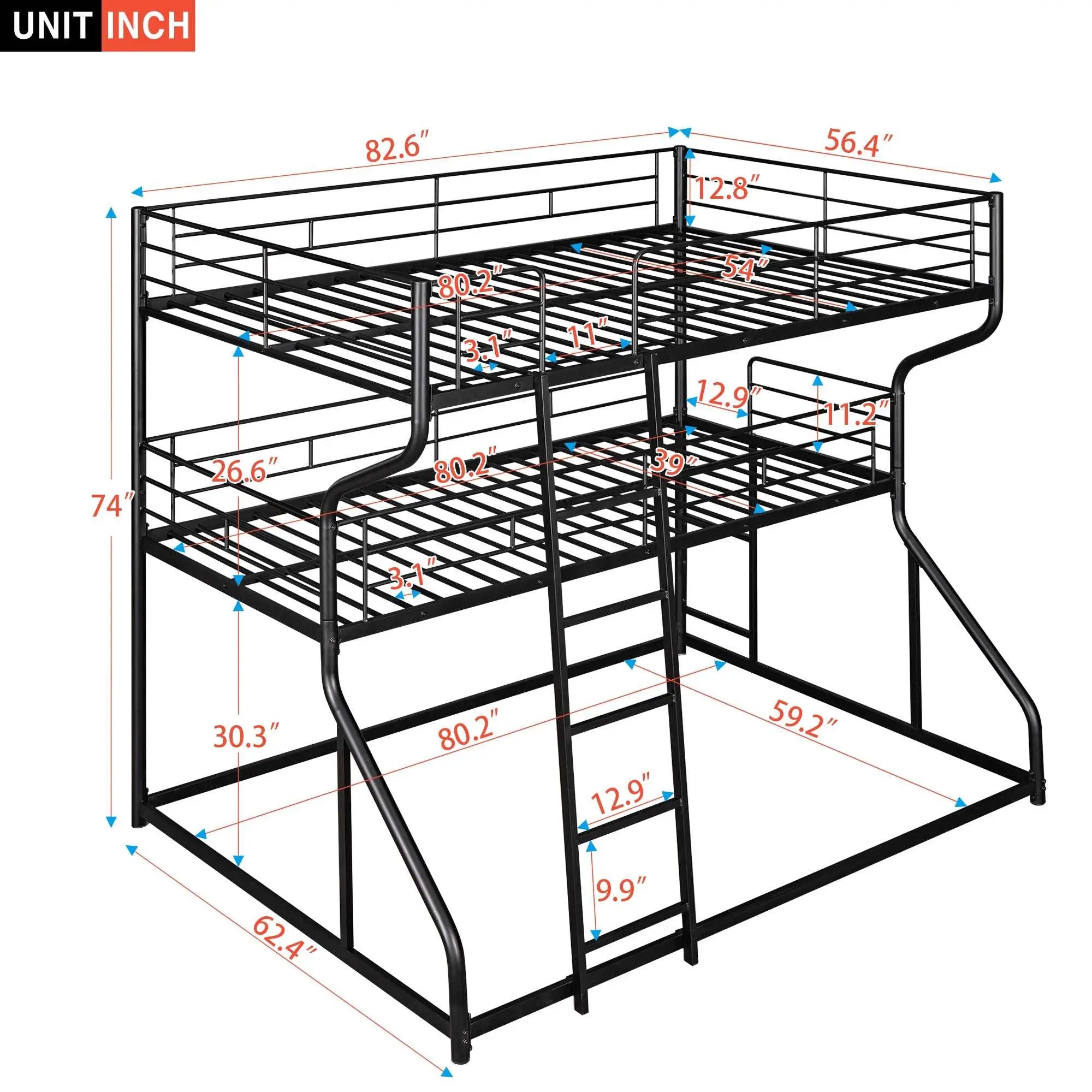Bellemave® Full XL over Twin XL over Queen Triple Bunk Bed with Long and Short Ladder - Bellemave