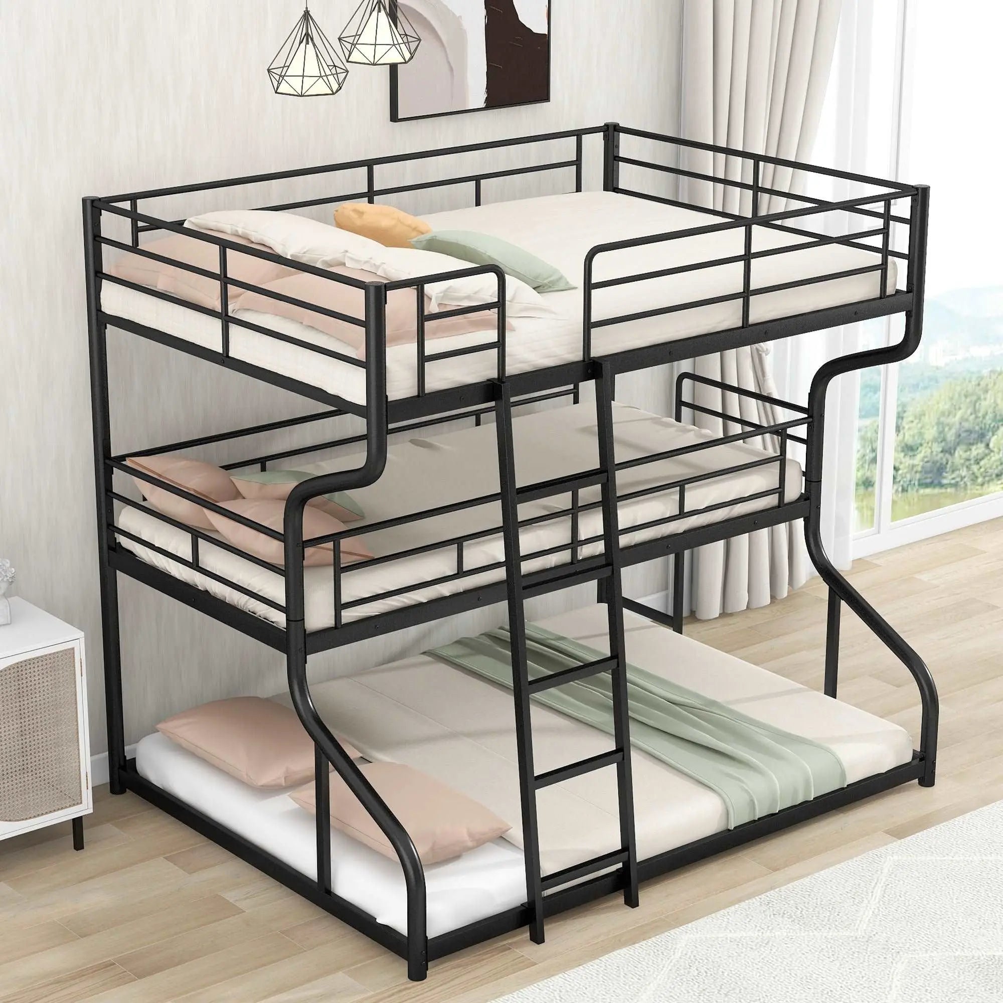 Bellemave® Full XL over Twin XL over Queen Triple Bunk Bed with Long and Short Ladder - Bellemave