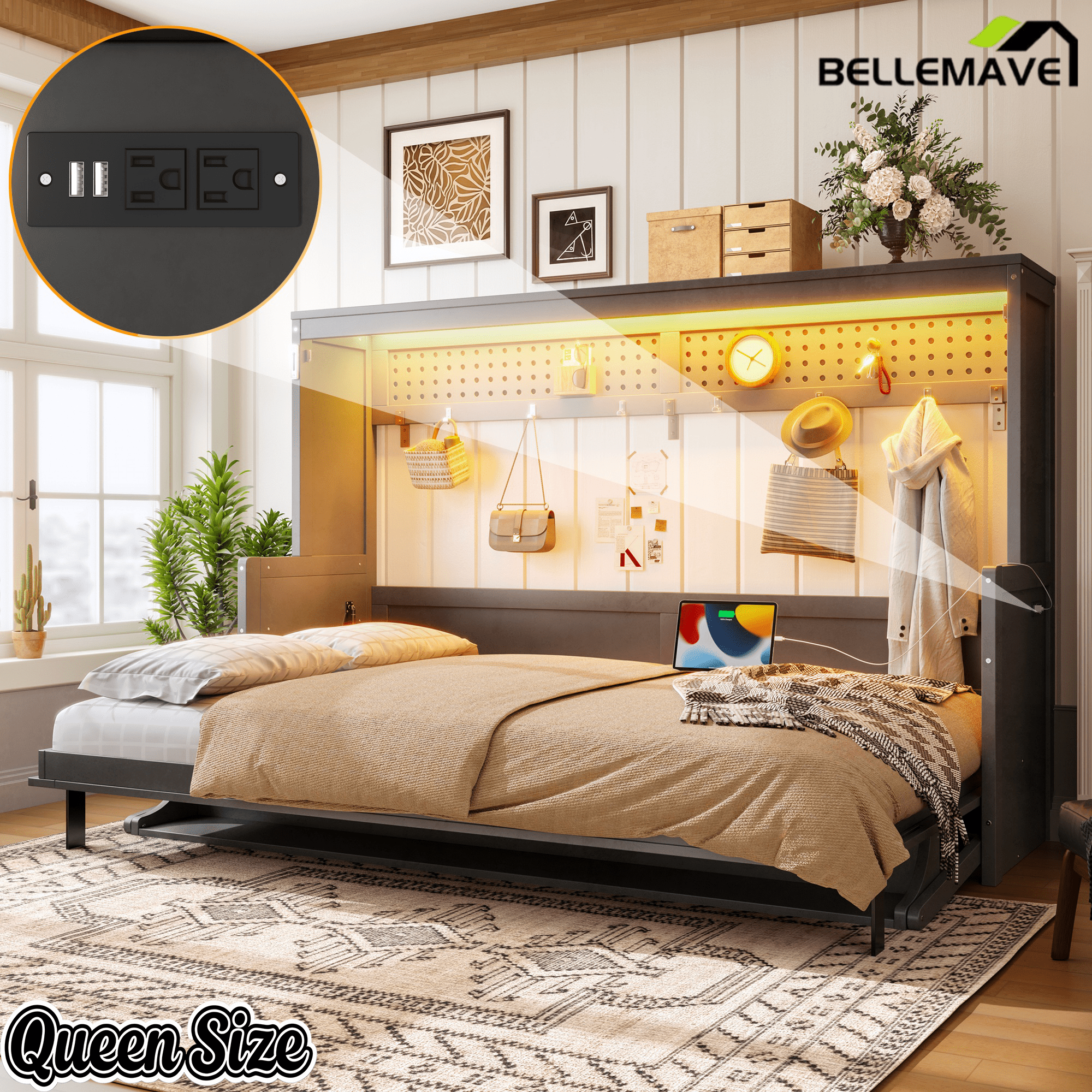 Bellemave® Full/Queen Size Murphy Bed with Desk & USB Charging Station, Solid Wood Slats - Bellemave