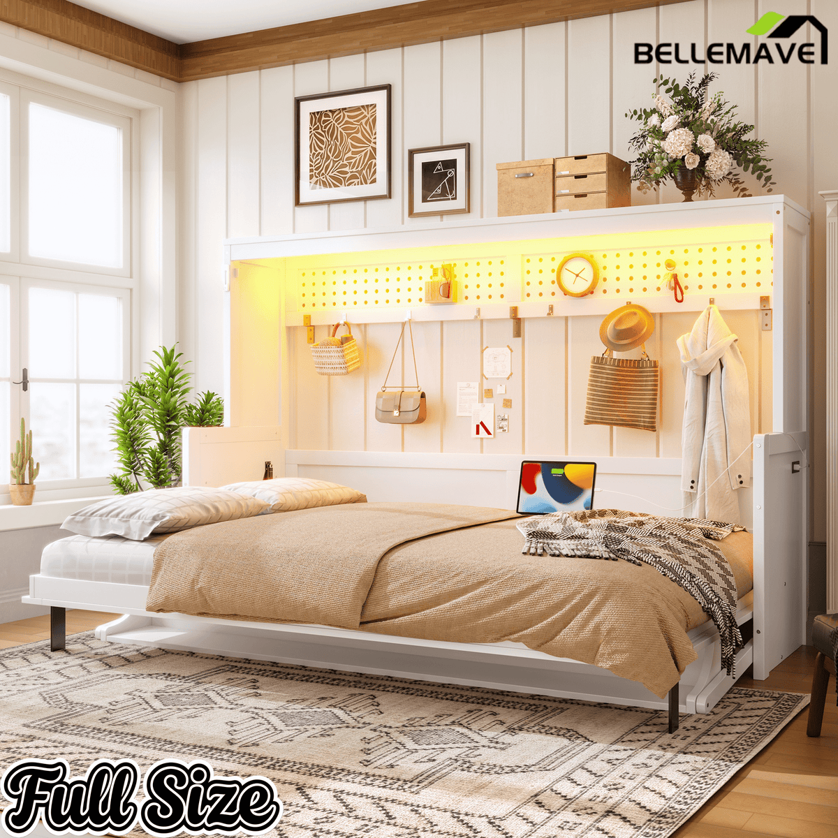 Bellemave® Full/Queen Size Murphy Bed with Desk & USB Charging Station, Solid Wood Slats - Bellemave