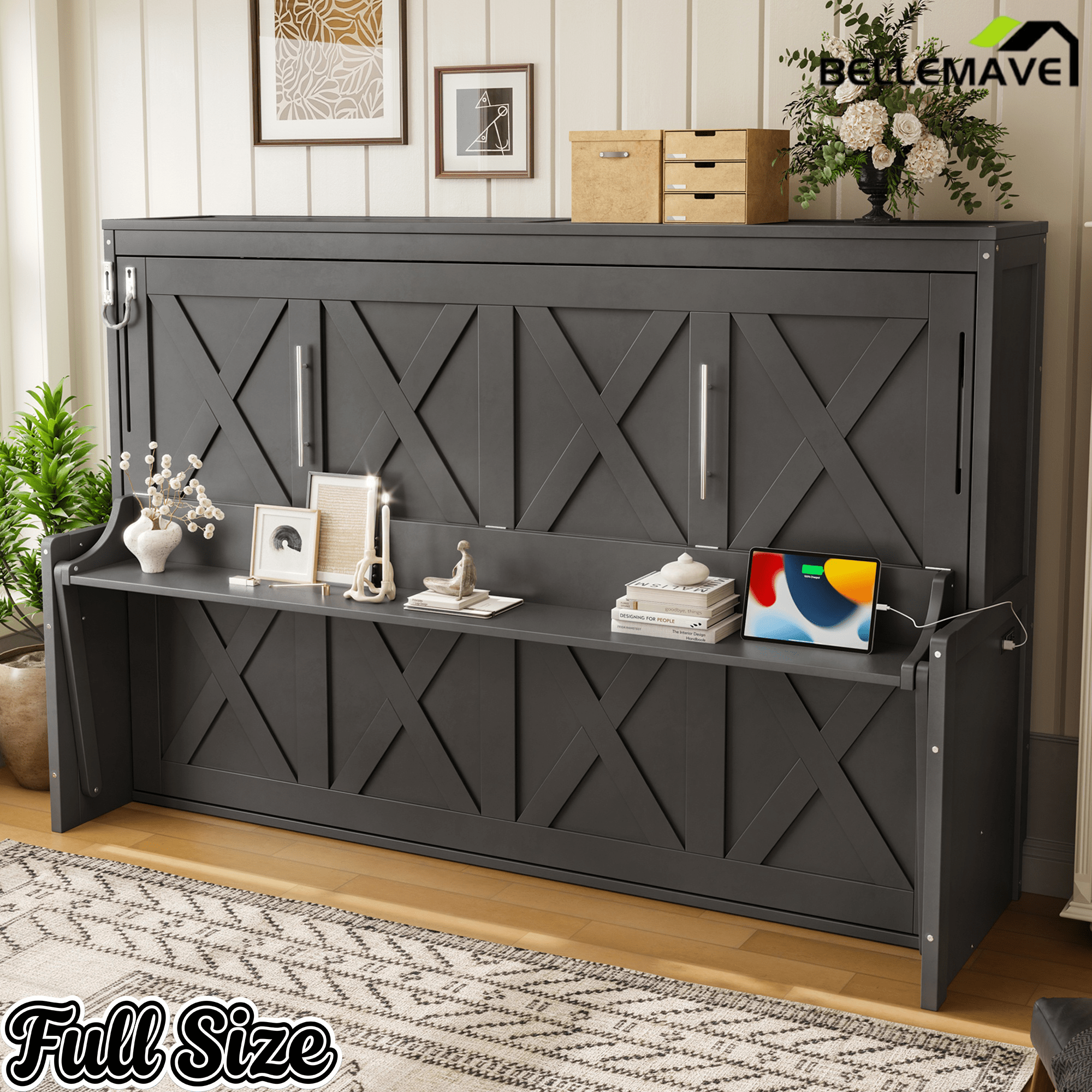 Bellemave® Full/Queen Size Murphy Bed with Desk & USB Charging Station, Solid Wood Slats - Bellemave