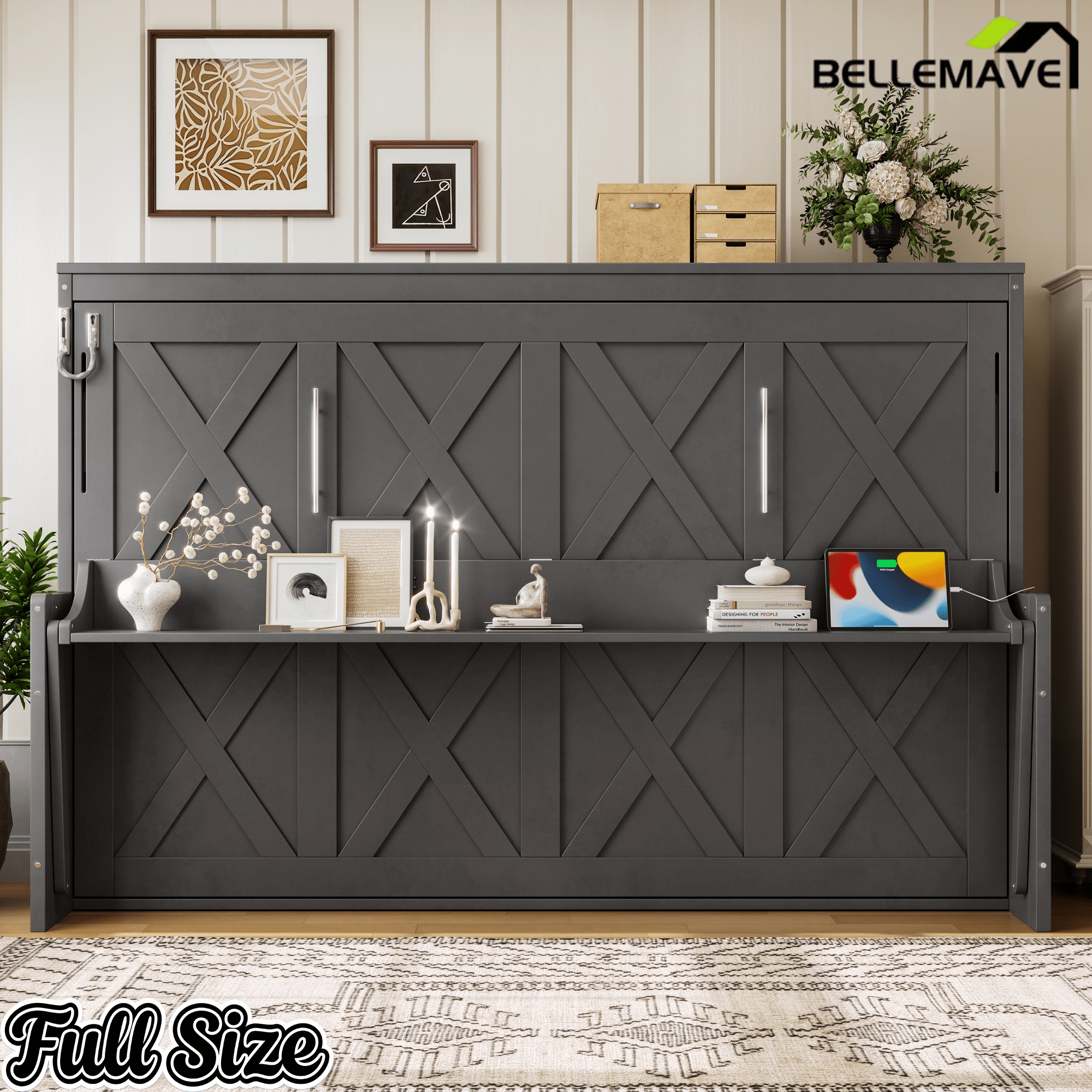 Bellemave® Full/Queen Size Murphy Bed with Desk & USB Charging Station, Solid Wood Slats - Bellemave