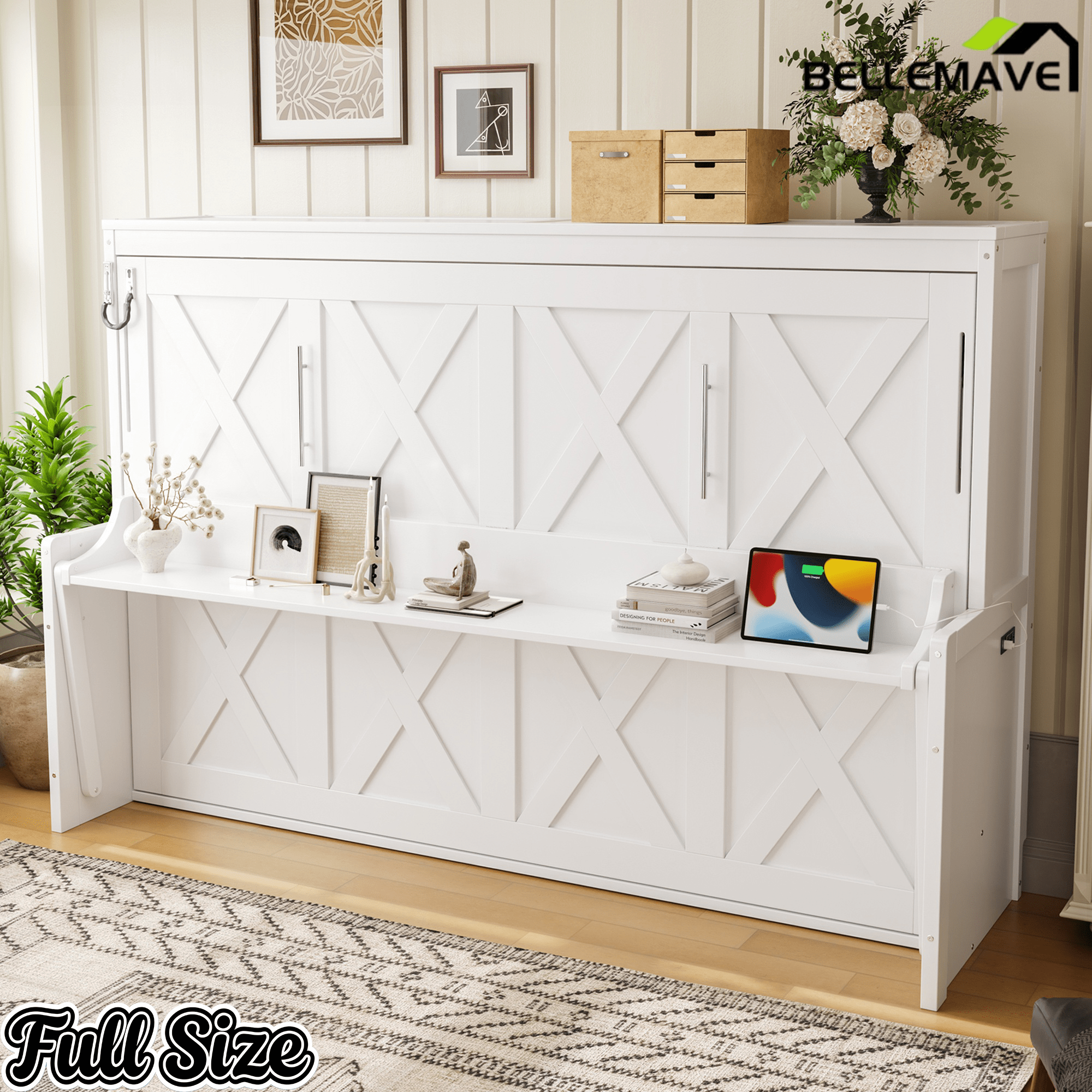 Bellemave® Full/Queen Size Murphy Bed with Desk & USB Charging Station, Solid Wood Slats - Bellemave