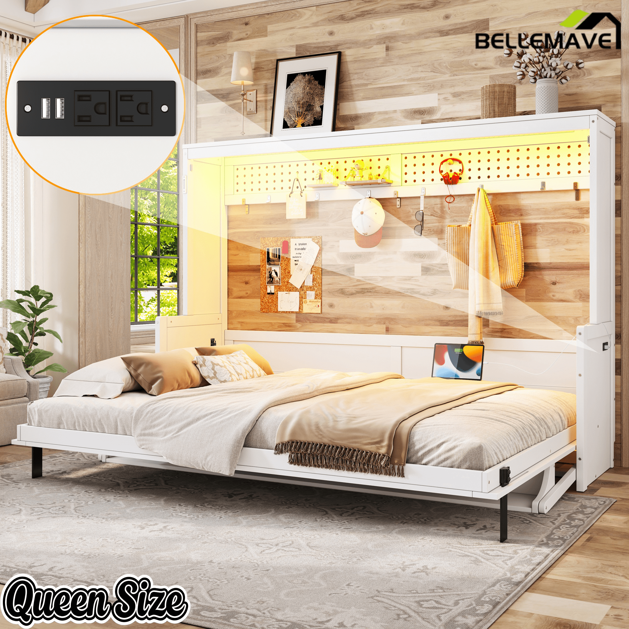 Bellemave® Full/Queen Size Murphy Bed with Desk & USB Charging Station, Solid Wood Slats - Bellemave