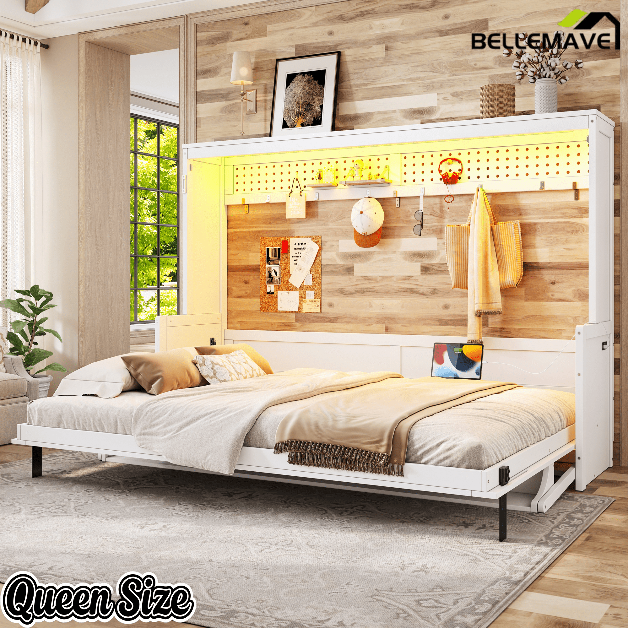 Bellemave® Full/Queen Size Murphy Bed with Desk & USB Charging Station, Solid Wood Slats - Bellemave