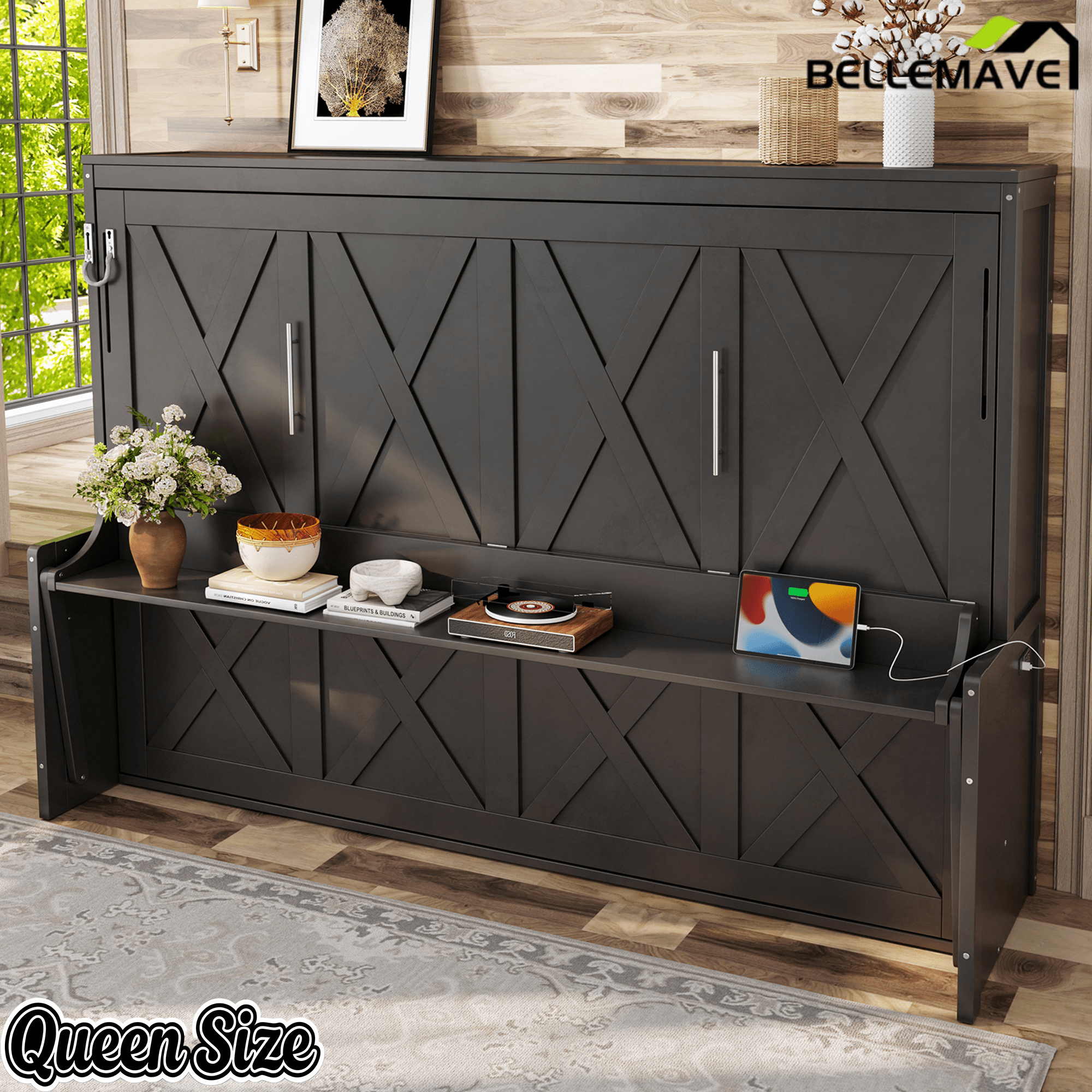 Bellemave® Full/Queen Size Murphy Bed with Desk & USB Charging Station, Solid Wood Slats - Bellemave