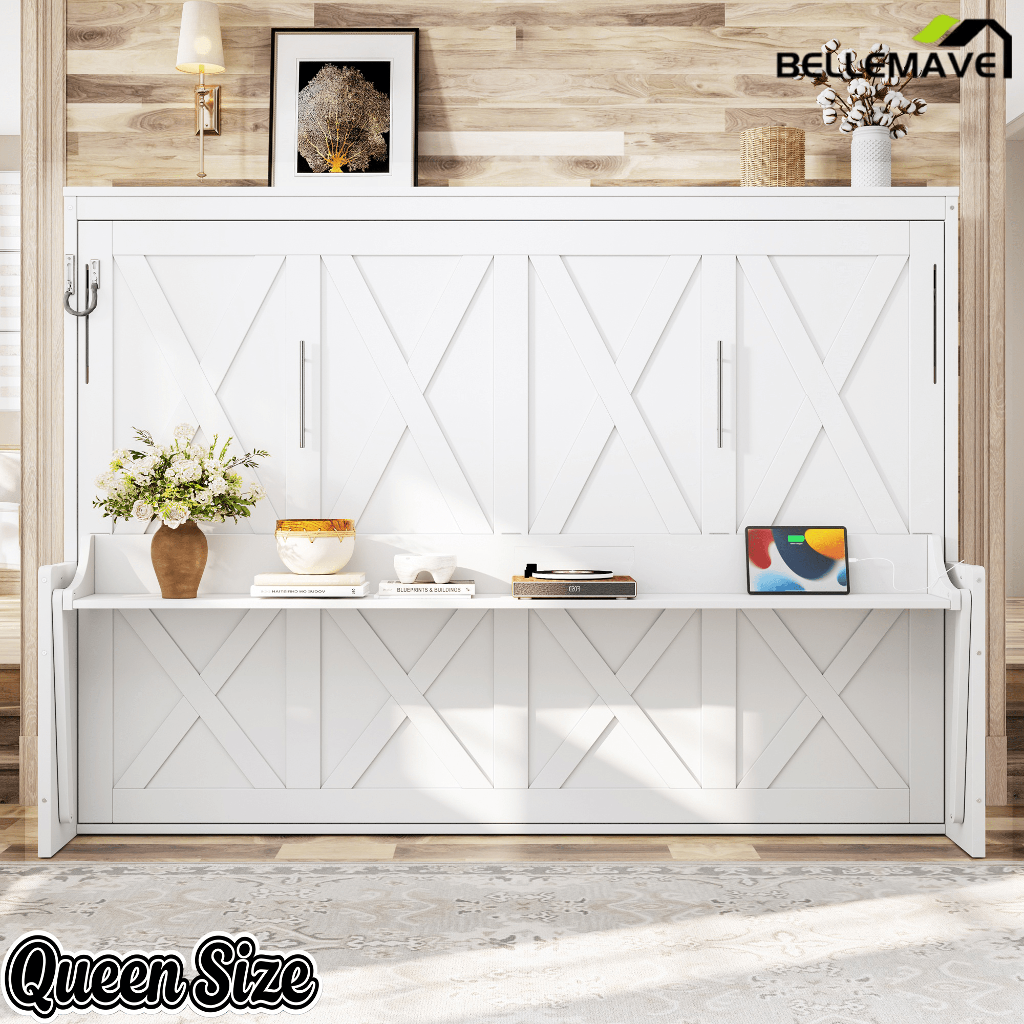 Bellemave® Full/Queen Size Murphy Bed with Desk & USB Charging Station, Solid Wood Slats - Bellemave